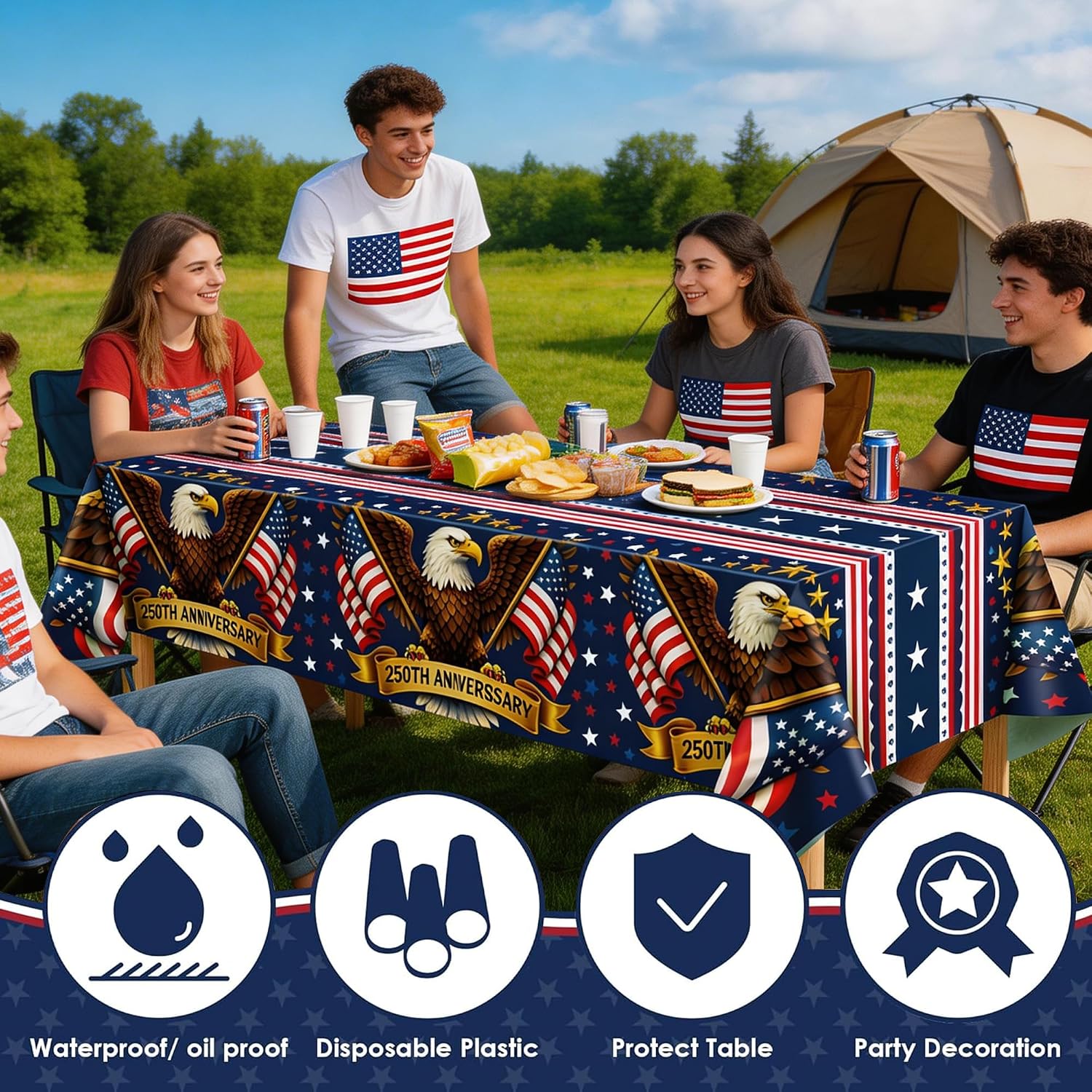 OHOME 250th Anniversary American Flag Tablecloth for 4th of July Decorations | 250 Anniversary USA Merchandise | Patriotic 1776-2026 Fourth of July Accessories for Home Outdoor Outside,2 Pack
