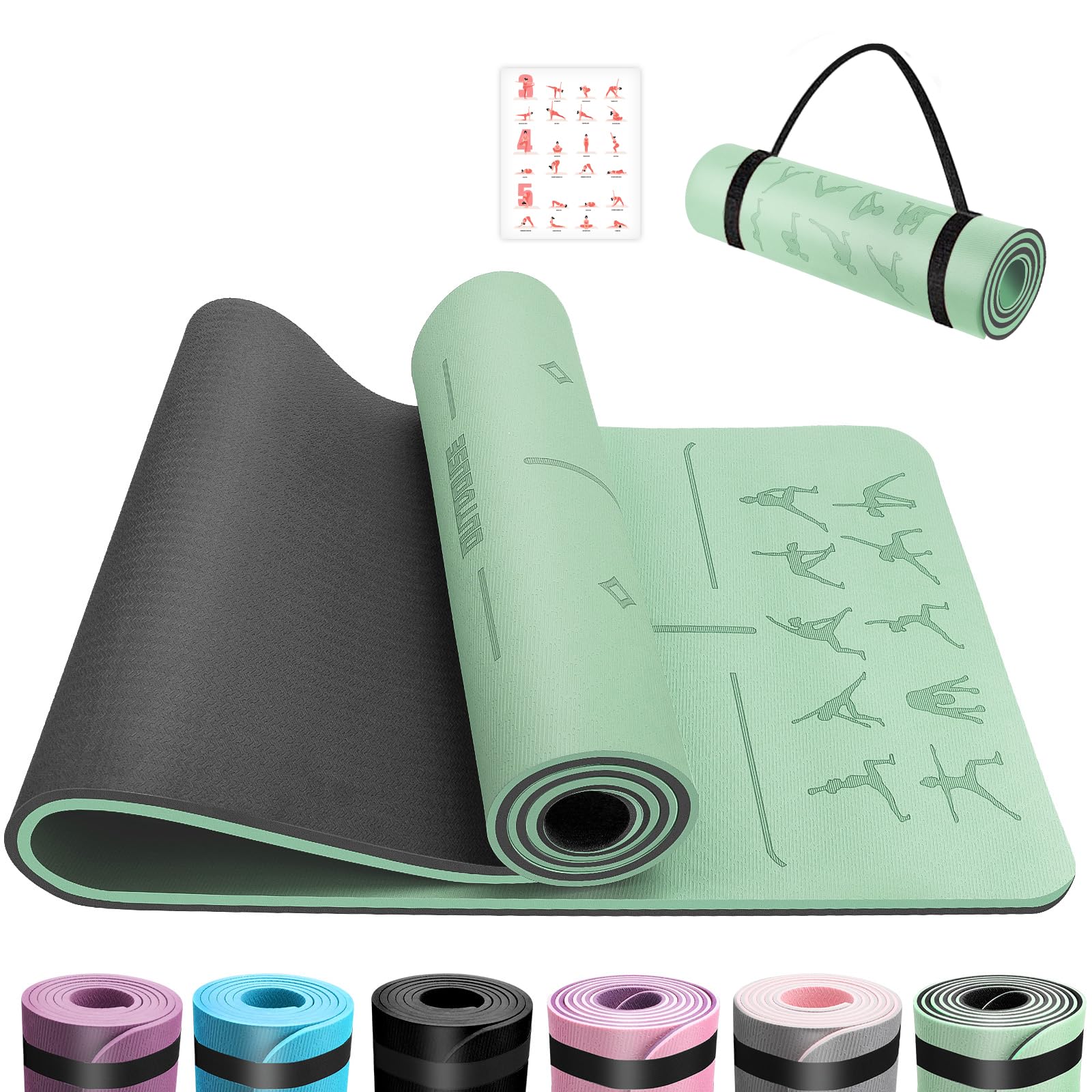 Yoga Mat with Alignment Lines,TPE 6mm Sports Exercise Mat,Non-Slip,for Gymnastics,Pilates,Home, Travel,Gymnastics Mat with Storage Straps,Yoga Mats for Women and Men,183x61x1cm