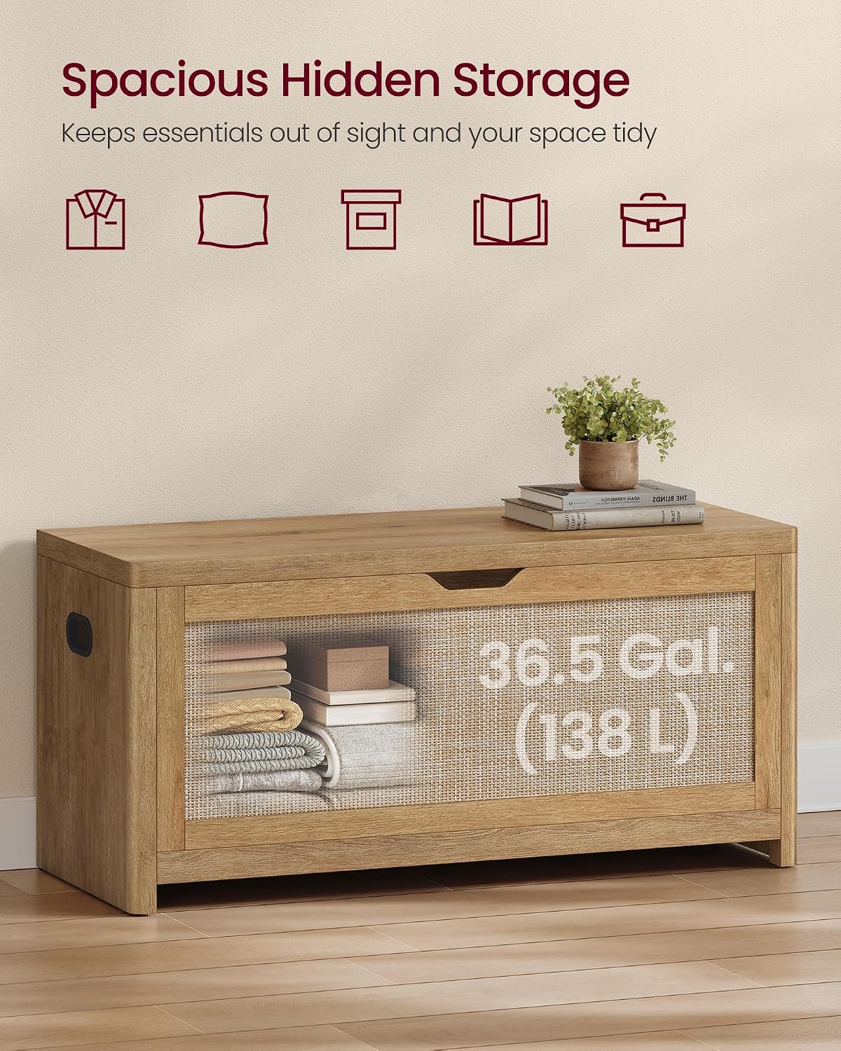 VASAGLE ELLAN Collection - Boho Storage Bench with Rattan Look, Storage Chest with Rounded Corners, Blanket Chest and Trunk with Seat for Bedroom Entryway, Natural Brown ULSB503KC01