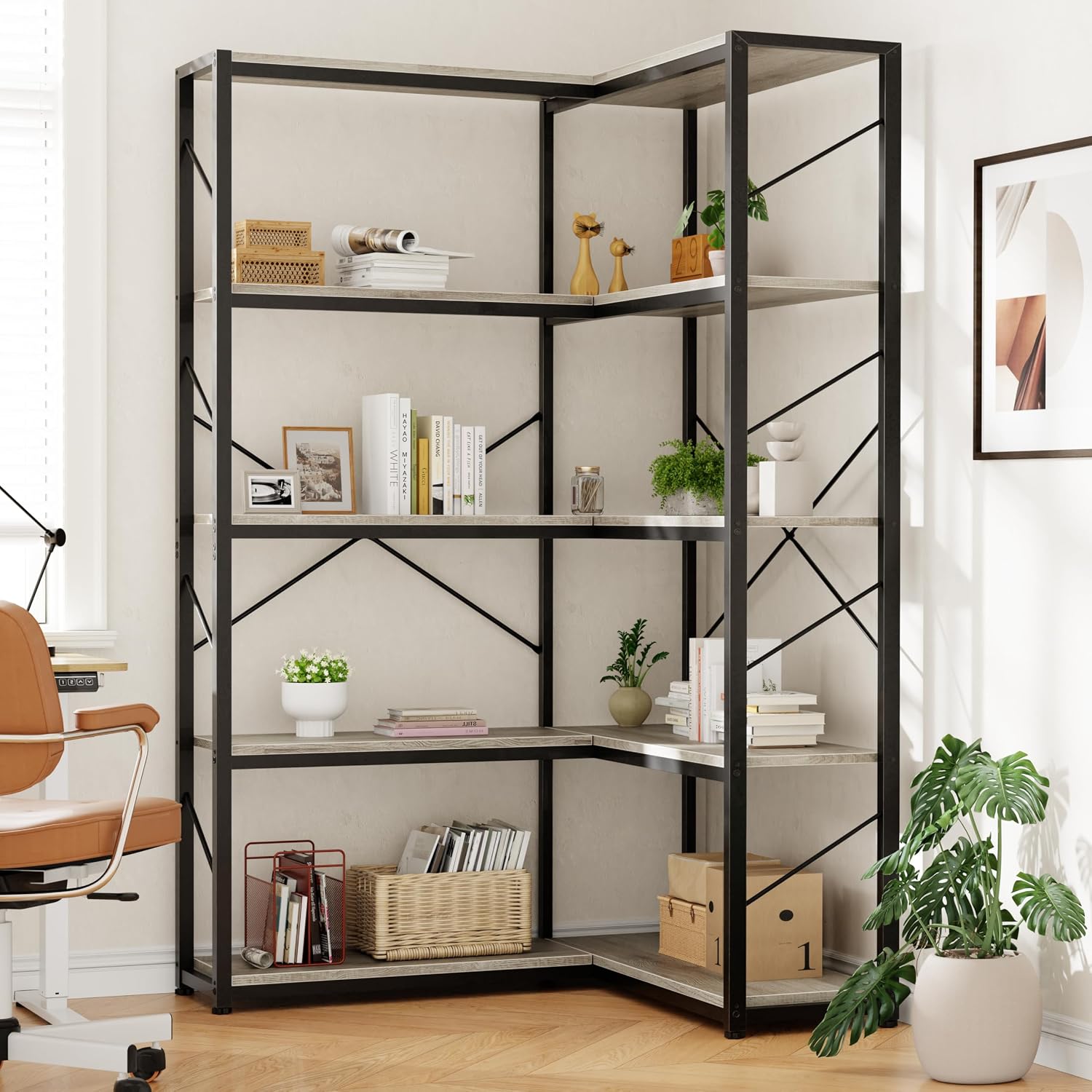 Shintenchi 5 Tier Corner Bookshelf,L Shaped Bookcase,Large Etagere Bookcase,Corner Shelf Display Storage Rack with Metal Frame for Living Room Bedroom Office,Grey