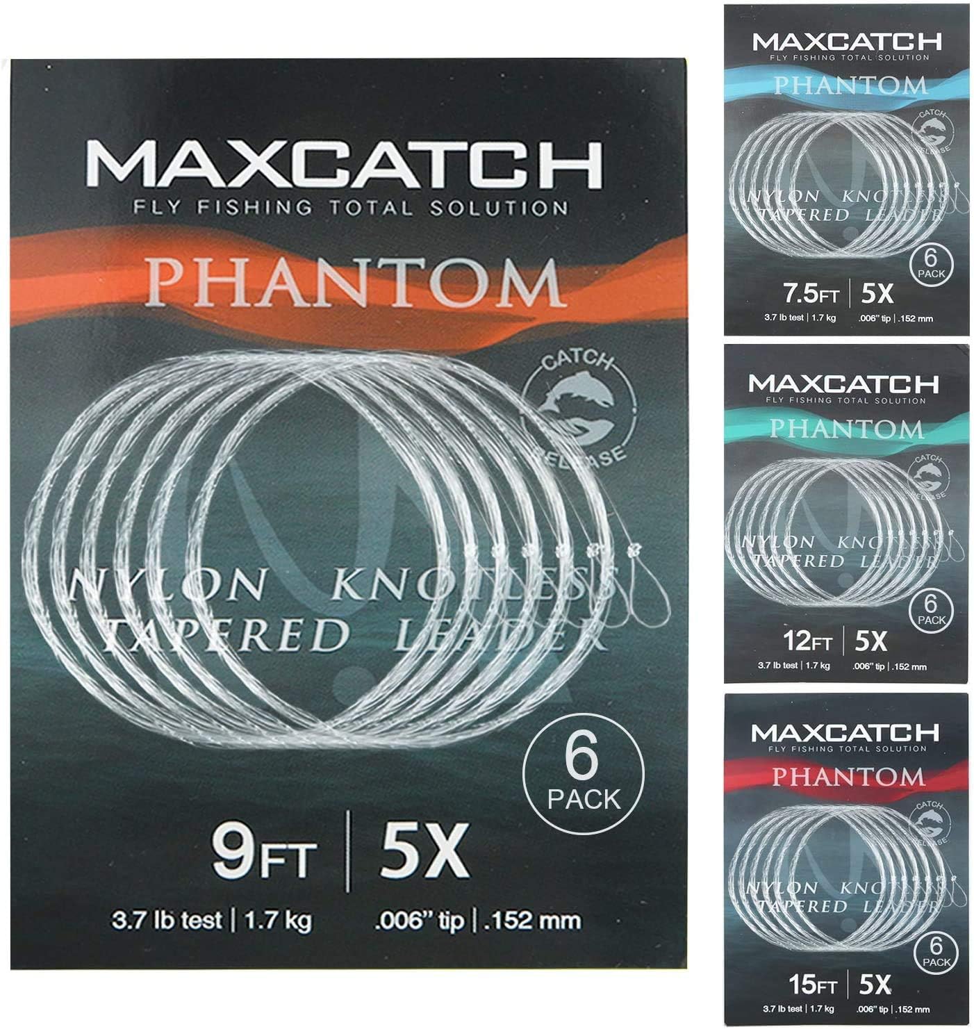MAXIMUMCATCH Maxcatch Fly Fishing Tapered Leader Line 6 Pack -Pre-Tied Loop- Tensile Strength- Abrasion Resistance- Low Memory 7.5ft/9ft/12ft/15ft, 0X-7X