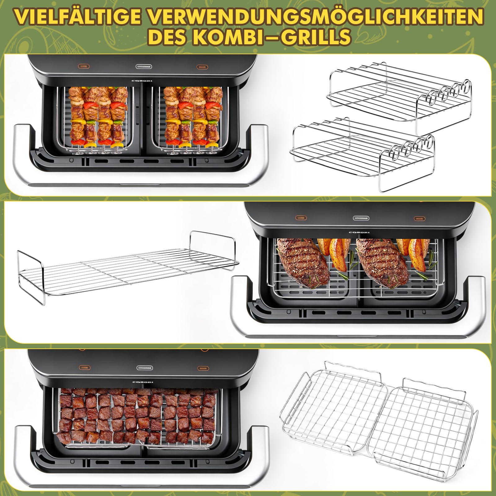Heißluftfritteuse Zubehör für Cosori Dual Blaze 10L & Ninja AF500EU Foodi Flexdrawer 10,4L, BPA-frei Faltbarer Silikon Einsatz, 1×10L + 2×5L Silikonform & Grillrost (Ninja 10,4L/COSORI 10L) | Airfryer Backpapier Silikonform & Grillrost Faltbarer Silikon E