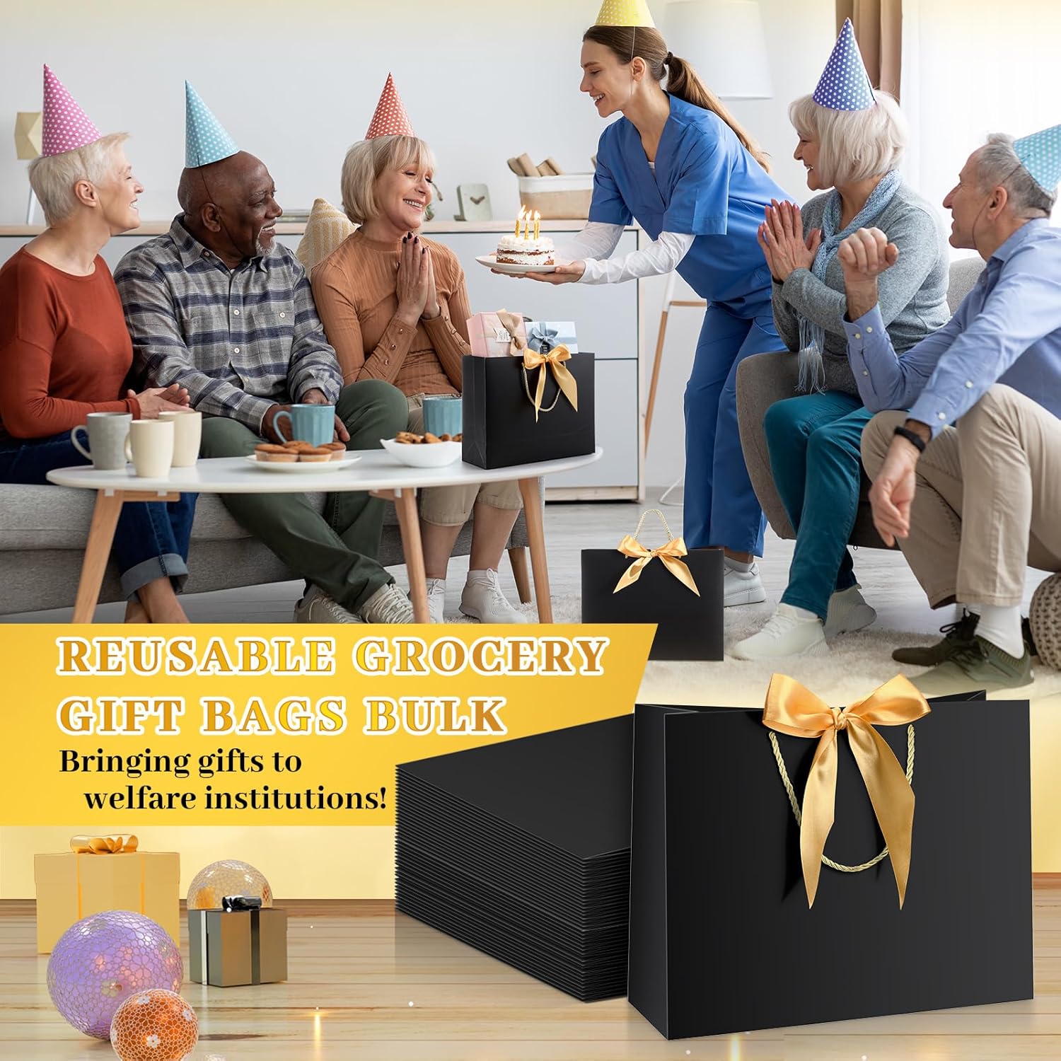 Kolldenn 50 Pcs Gift Bags with Handle 12.6 x 10 x 4.3 Inch Black Gold Thank You Bag with Bow Ribbon for Christmas Wedding Birthday Bridal Shower Bridesmaid Graduation Party Favor - Image 6