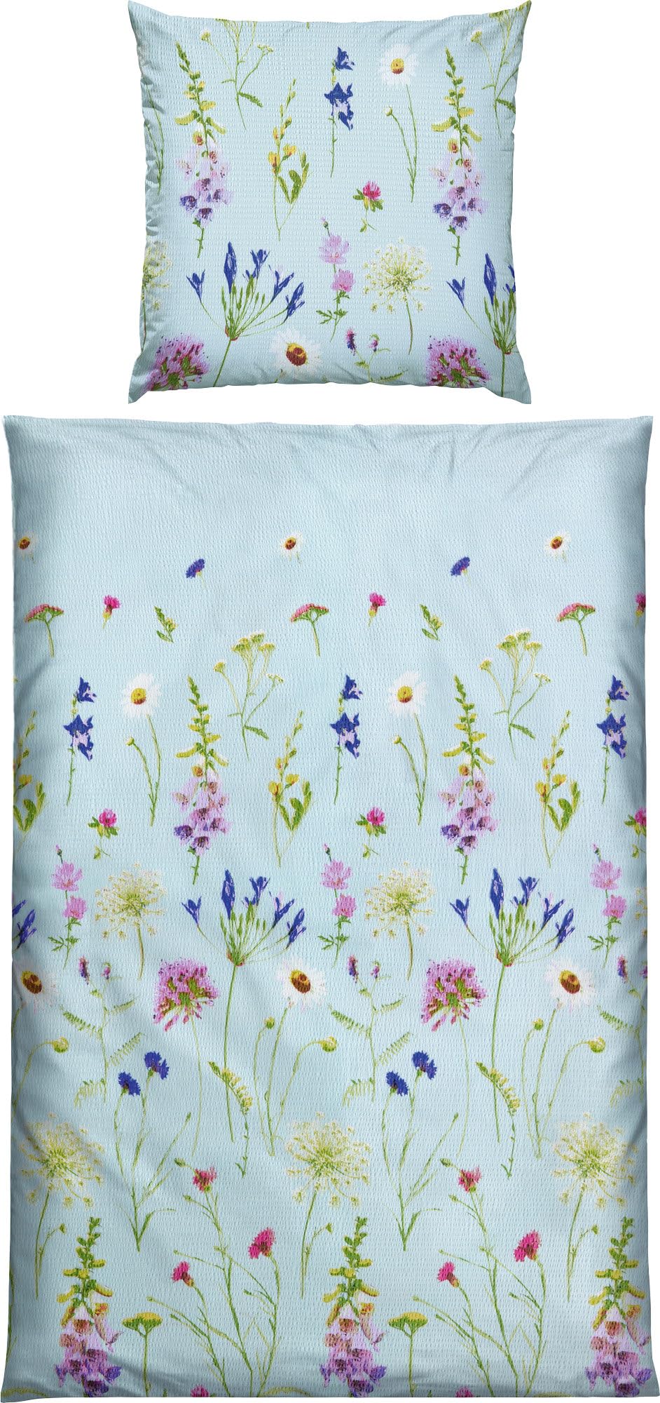 REDBEST Seersucker Bettwäsche Wiesenblumen hellblau Größe 80x80 cm / 135x200 cm - sommerlich-leicht, pflegeleicht, bügelfrei, mit Reißverschluss