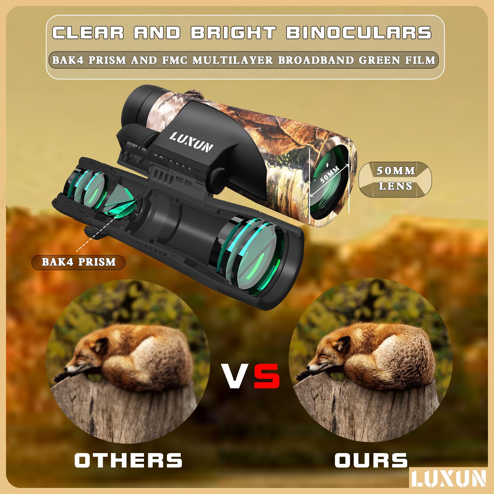 LUXUN Jumelles Adultes UltraSharp 12x50 HD Optique de Haute Qualité, Jumelles Robustes avec Adaptateur de Téléphone Portable, Idéales pour la Chasse, l'observation des Oiseaux et l'exploration