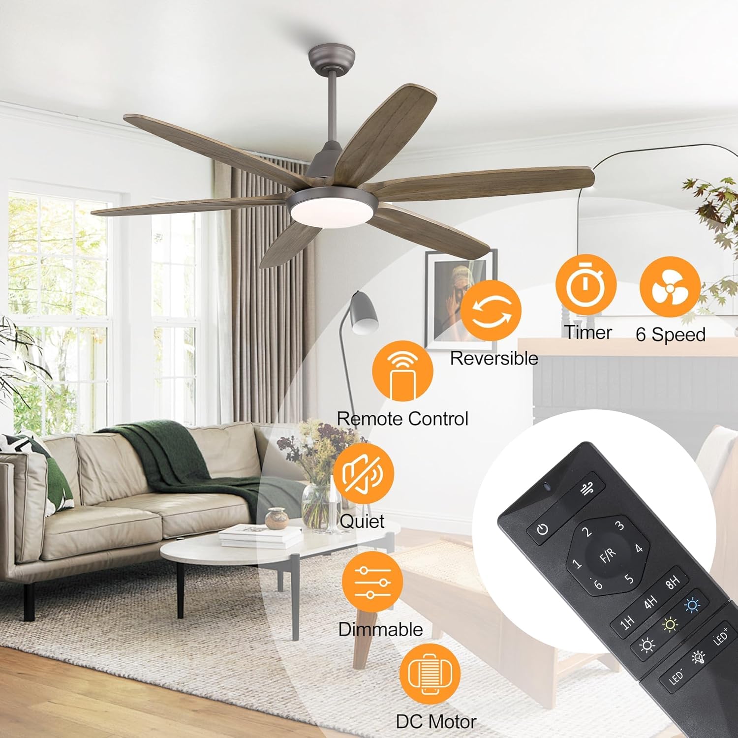 60"Ceiling Fans with Lights - Solid Wood Modern Ceiling Fan with Remote, Dimmable LED Light 6-Speed Noiseless Reversible DC Motor Fan for Bedroom, Dining/ Living Room, Patio, Charcoal Gray/Wood
