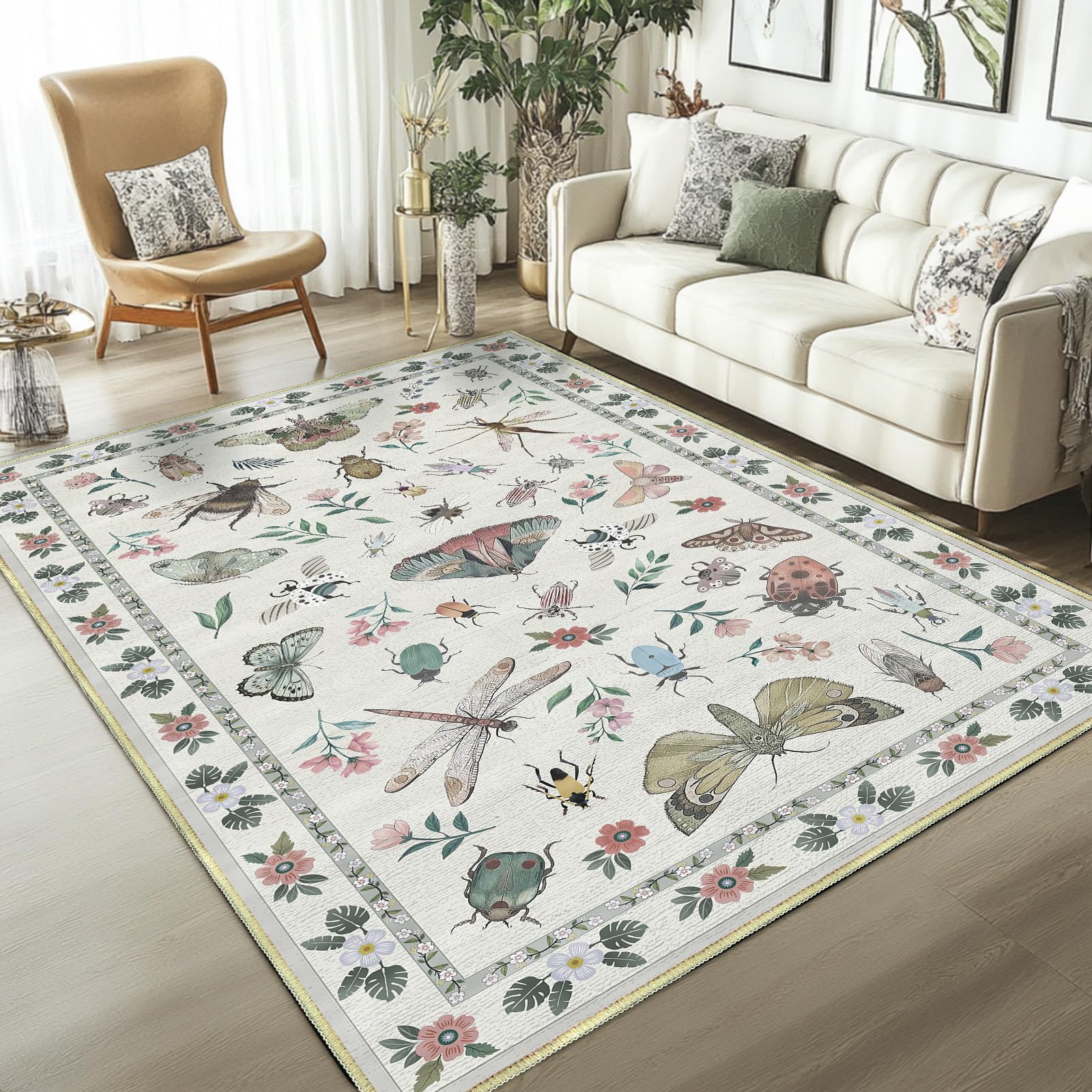 Youime 5x7 Feet Insect Area Rug Non-Slip Low Pile Soft Washable Light Green Rug for Living Rooms, Bedrooms, Dining Rooms, Children's Rooms and More.– Lightweight Easy Clean Modern Decorative Carpet