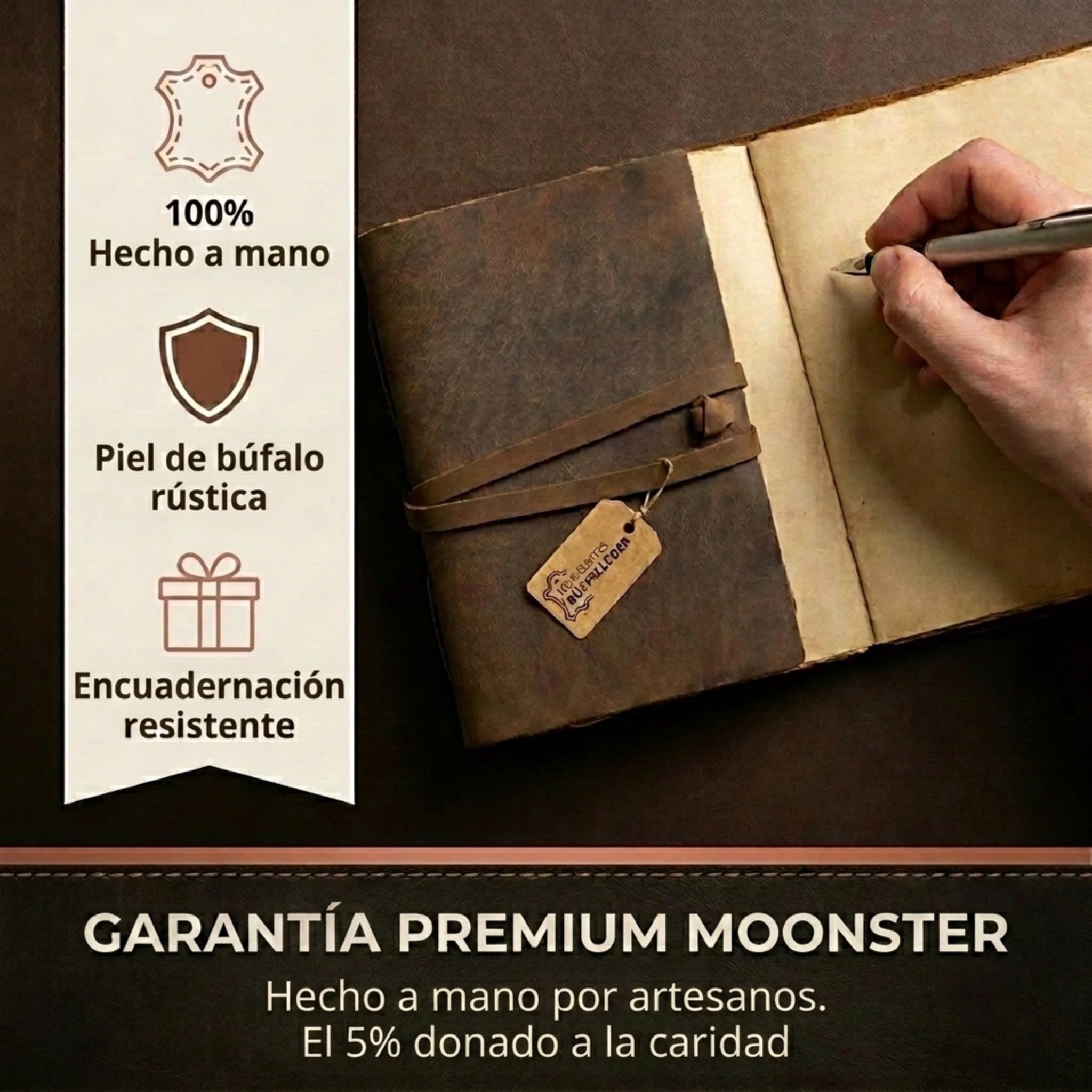 moonster® Cuaderno Cuero, 240 Páginas de Papel de Algodón sin Madera con Bordes Irregulares – Cuaderno de Notas – Diario Vintage Hecho a Mano – Diario Personal Estilo Antiguo 20x15cm
