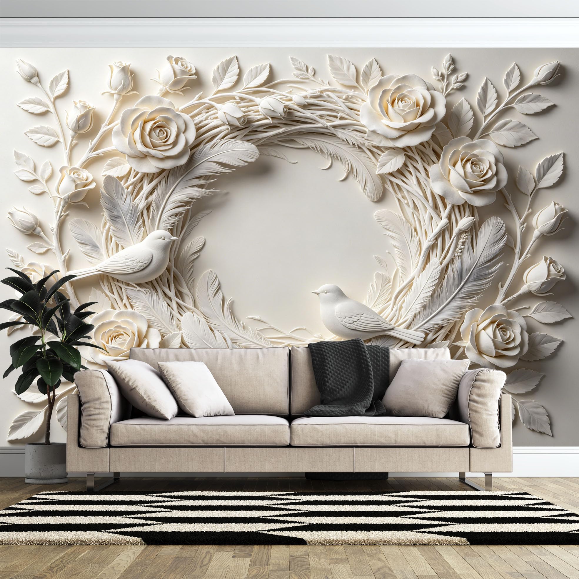 Carta Da Parati Fotografica con Ghirlanda Di Rose E Scultura Di Uccellino, Murale Da Parete 300×210 cm (Lxa), In Tessuto Non Tessuto, Decorazione Floreale Romantica per Soggiorno, Divano, Sfondo Tv