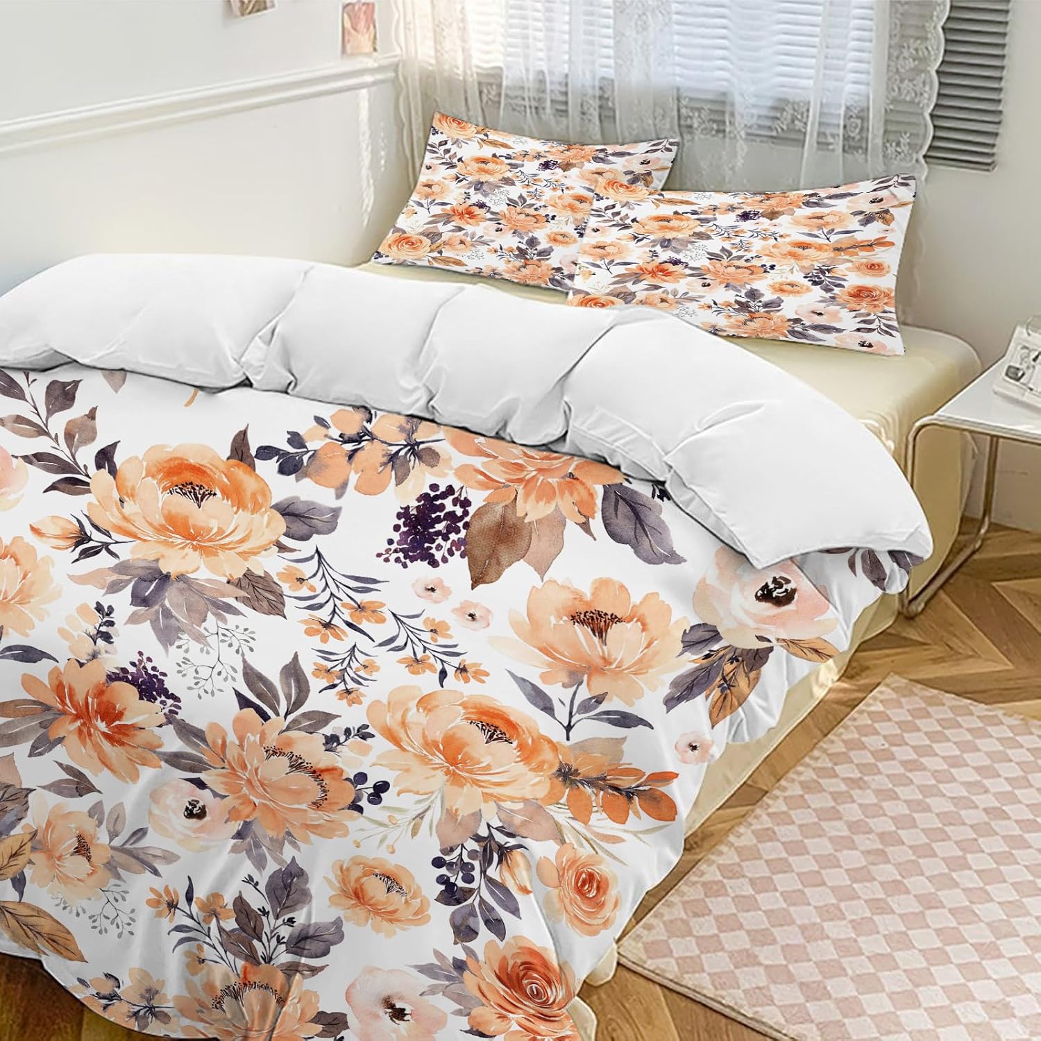 Flower Comforter Set Full Size, Orange Floral Print Comforter Cover Gifts for Women, Wildflower Bedding Decor Duvet Quilt Cover Set with 2 Pillowcases for Boys Girls Adults Teens
