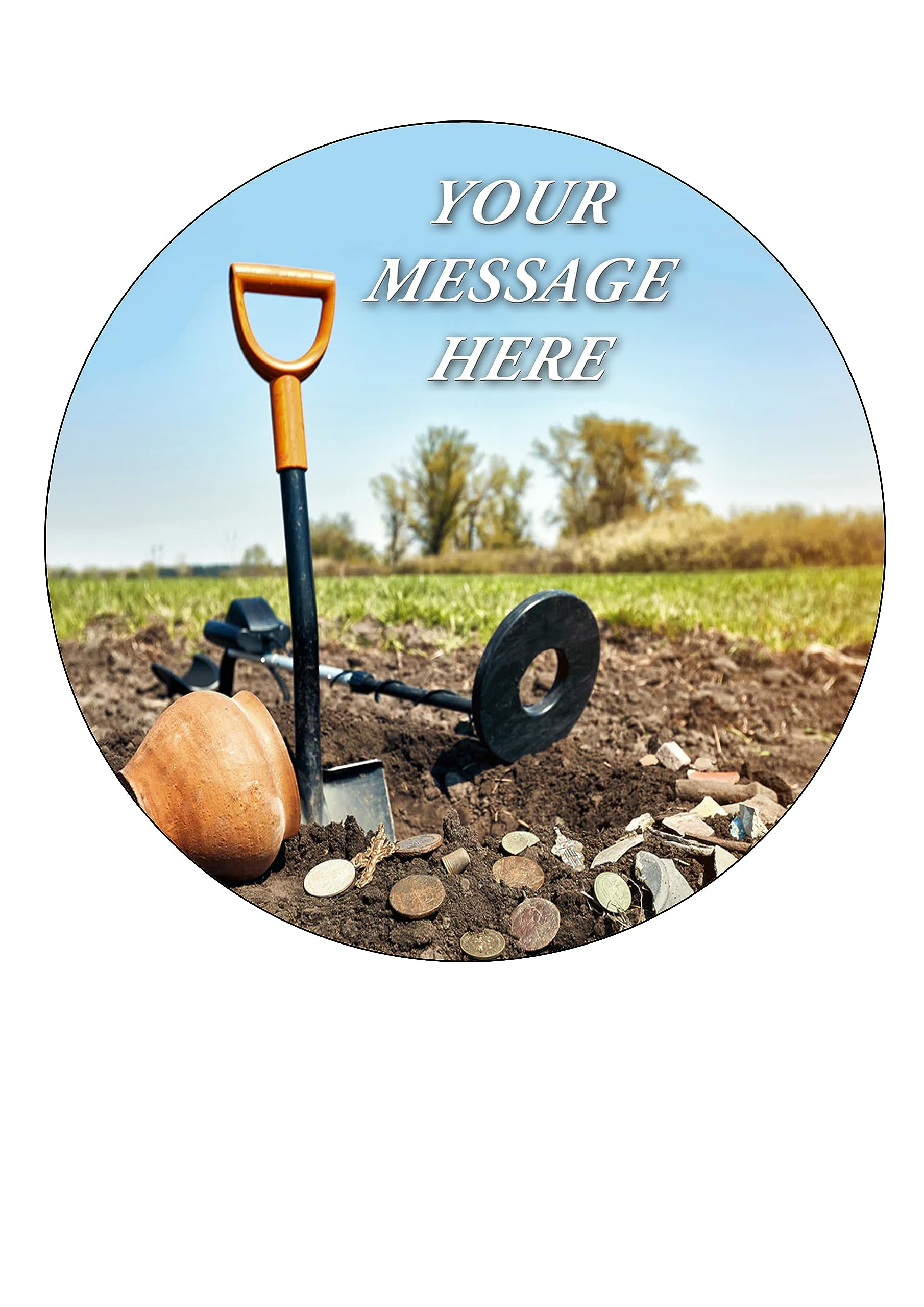 Orange Trading Dartmouth LTDOrange Trading Dartmouth LTD A4 Edible Decor Icing Sheet PERSONALISED Metal Detecting Themed 7-8" Circle Cake Topper Decoration - Great for larger cakes