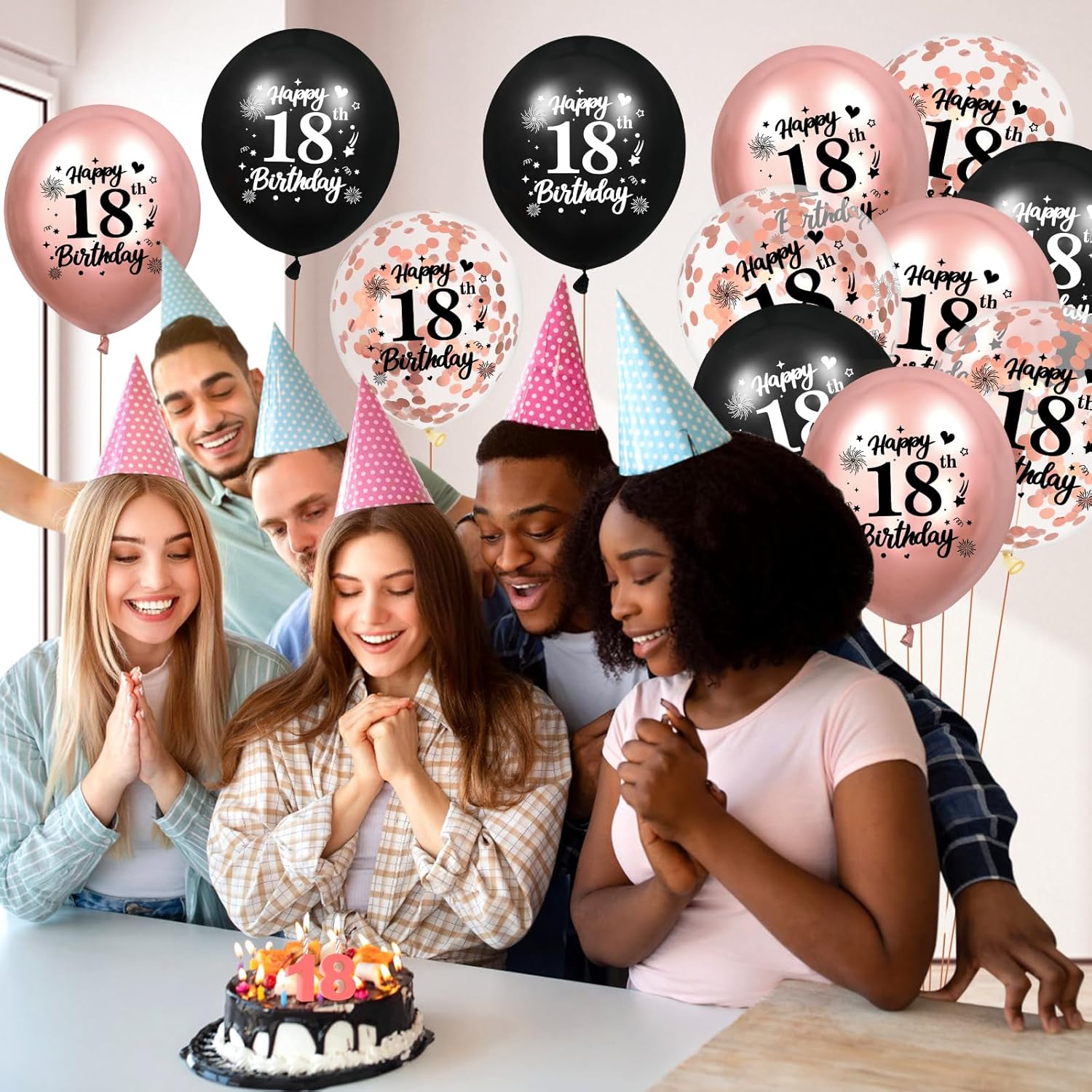 18th Birthday Balloons 18Pcs Rose Gold and Black 18th Balloons 18th Birthday Party Decorations for Girls 12 Inch Confetti Latex Vintage Sweet 18th Balloons for 18th Birthday Anniversary Party Supplies