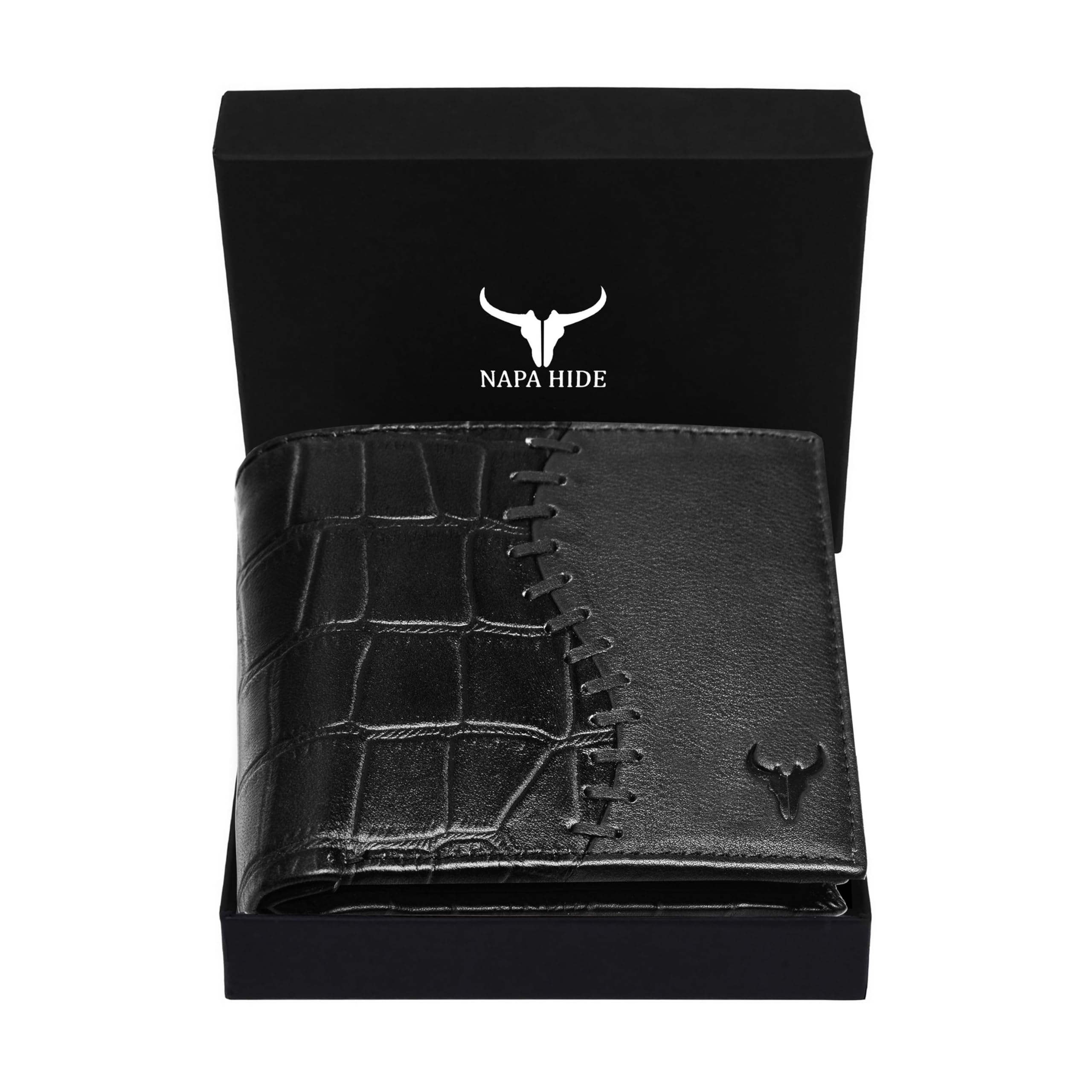 NAPA HIDE Black Leather Wallet for Men I 4 Card Slots I 2 Currency Compartments I 1 ID Window I 3 Secret Compartments I External Card Slot I 1 Coin Pocket