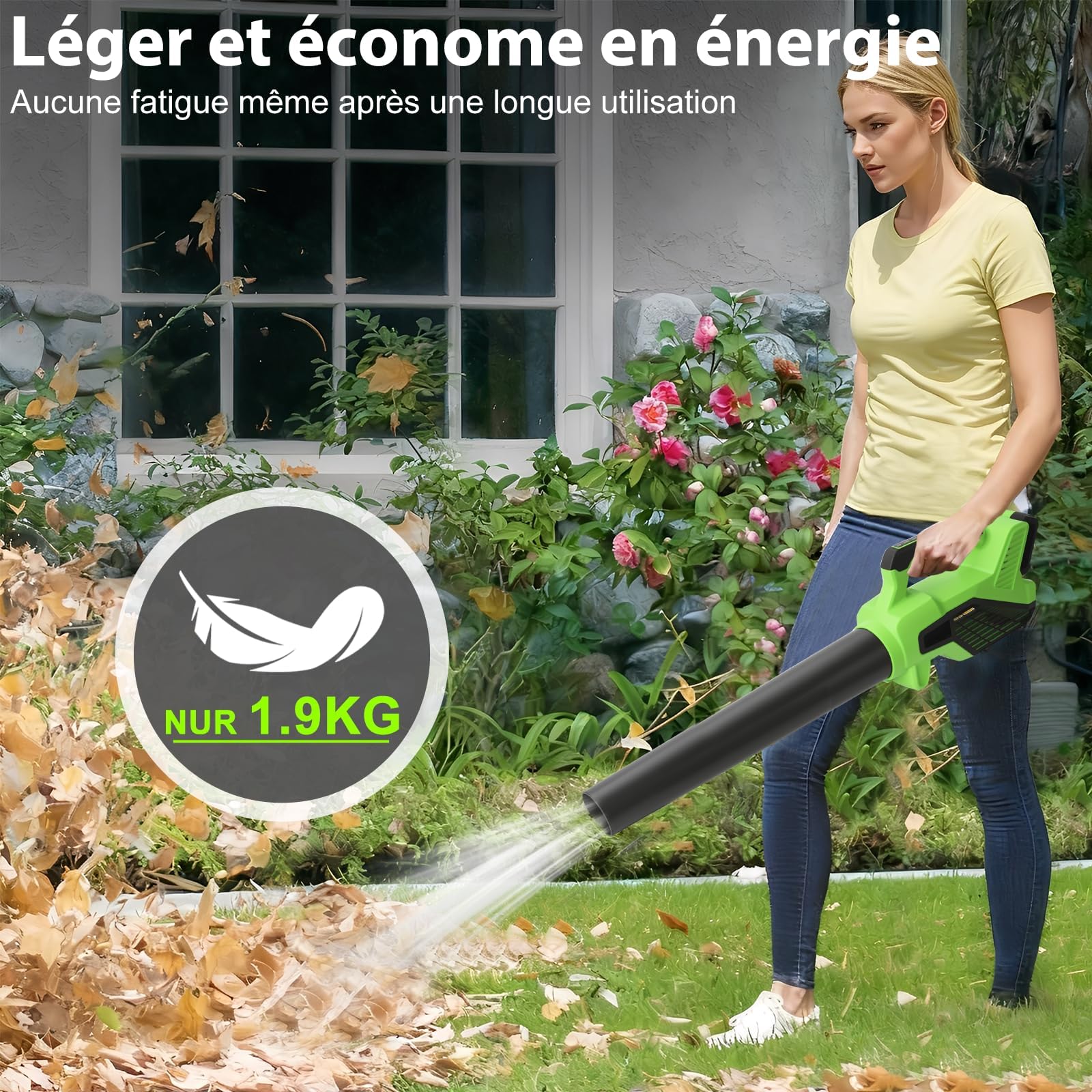 Souffleur de Feuilles sans Fil 21V avec 2 Batteries de 3,0 Ah et Chargeur, 6 Vitesse Max 257 km/h, Moteur sans Balais, Souffleur Batterie Léger pour Cour, Entrées, Pelouse, Jardin