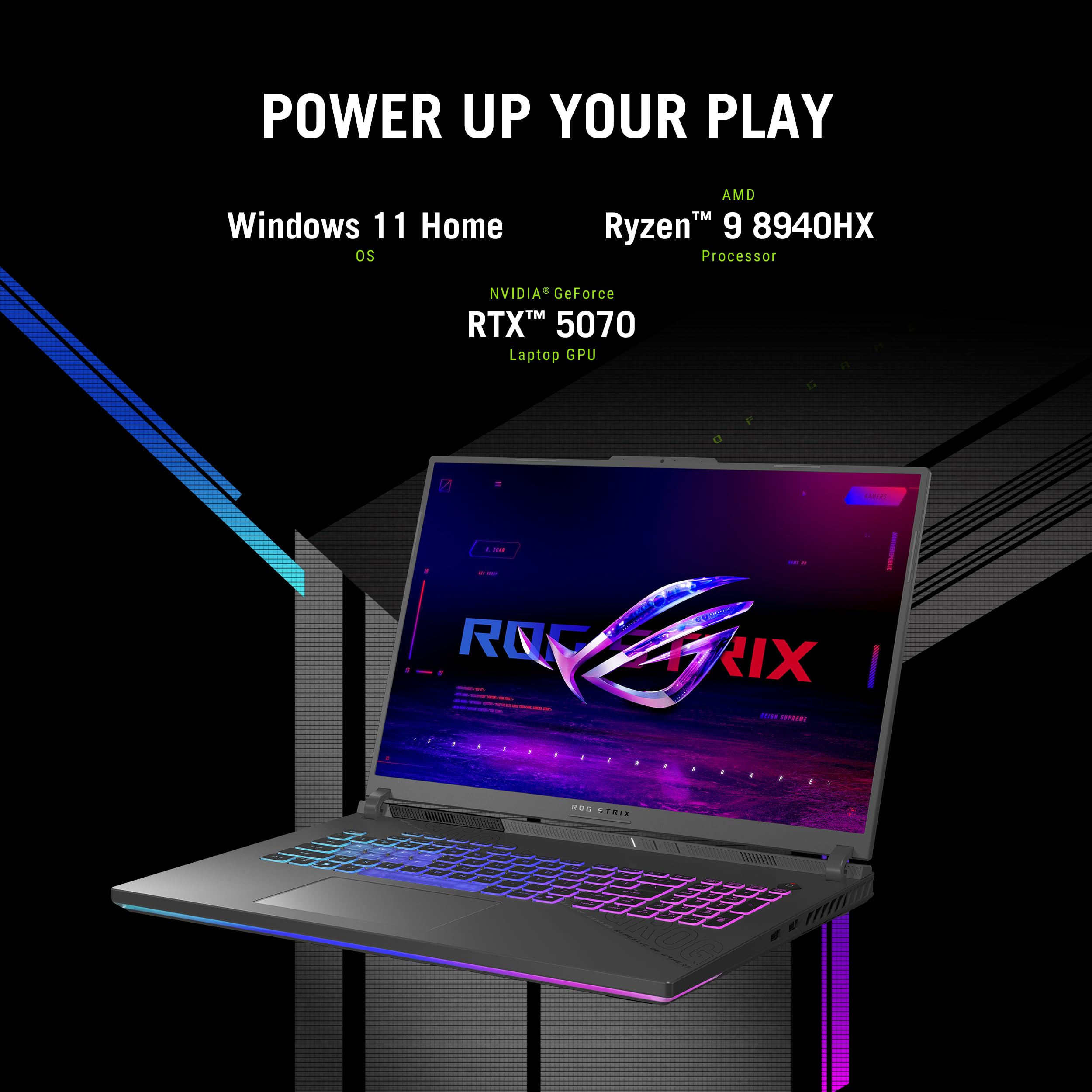 ASUS ROG Strix G16 Notebook Gaming, 16" 165Hz FHD IPS Display, AMD Ryzen 9-8940HX, 16GB DDR5 RAM, 1TB SSD, NVIDIA GeForce RTX 5070 Ti with 12GB DDR7, Wi-Fi 6E, Tastiera Inglese QWERTY, Windows 11 Home
