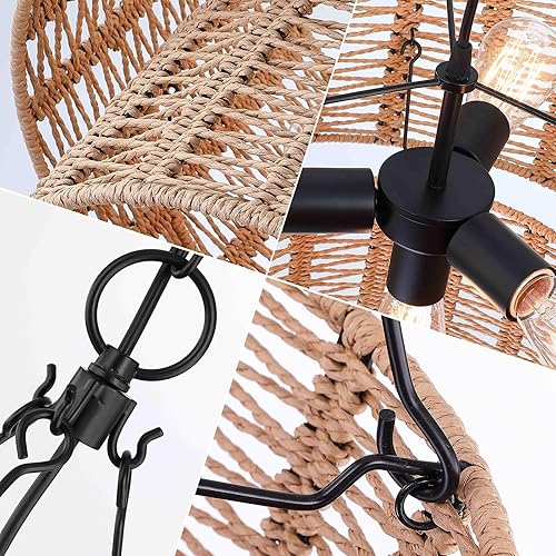 Miniatura 7 de Lámparas colgantes de ratán de 4 luces, lámparas bohemias, lámpara de tambor de granja con pantallas de ratán natural de 2 niveles, lámpara colgante