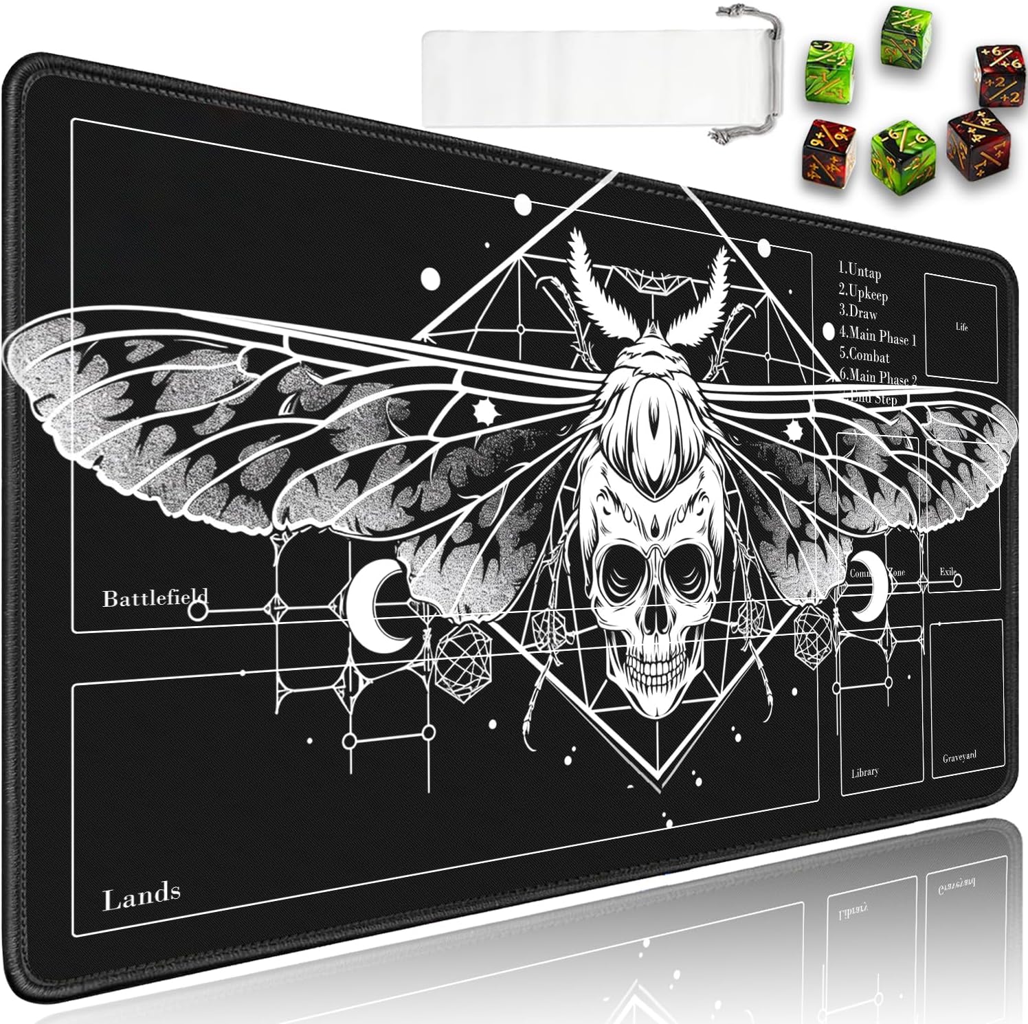 JVGFYNKL for MTG/TCG Playmat with Zones, 24x14 in Non-Slip Rubber, Drawstring Travel Pouch and 6 Dice for MTG Mat, Moth Skull Design Card Game Playmats