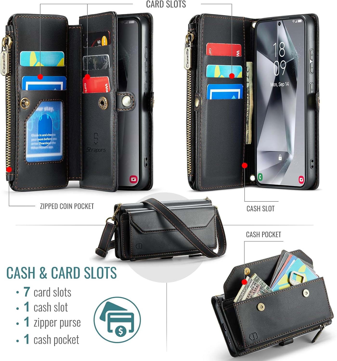 Strapurs Wallet Case Compatible with Samsung Galaxy S25 5G RFID Blocking Card Holder Soft PU Leather Magnetic Snap Shoulder Strap Zipper Pocket Phone Case Fit for Galaxy S25 - Black