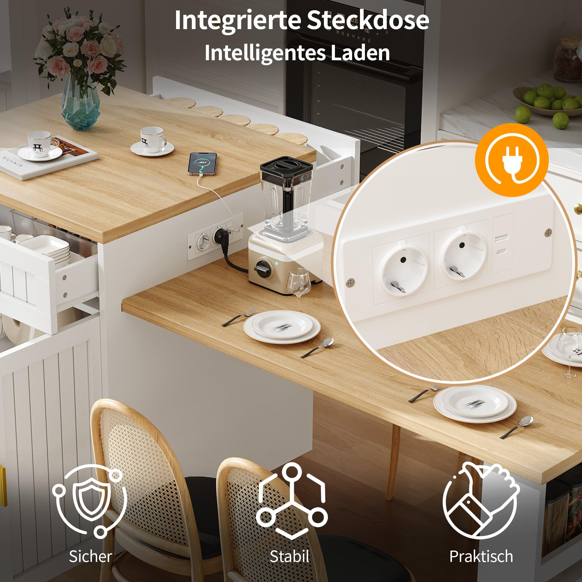 Merax Îlot de cuisine extensible avec prise, 121,5 à 192 cm, îlot de cuisine avec plan de travail et espace de rangement, armoire de cuisine avec 1 tiroir, portes cannelées et étagères réglables