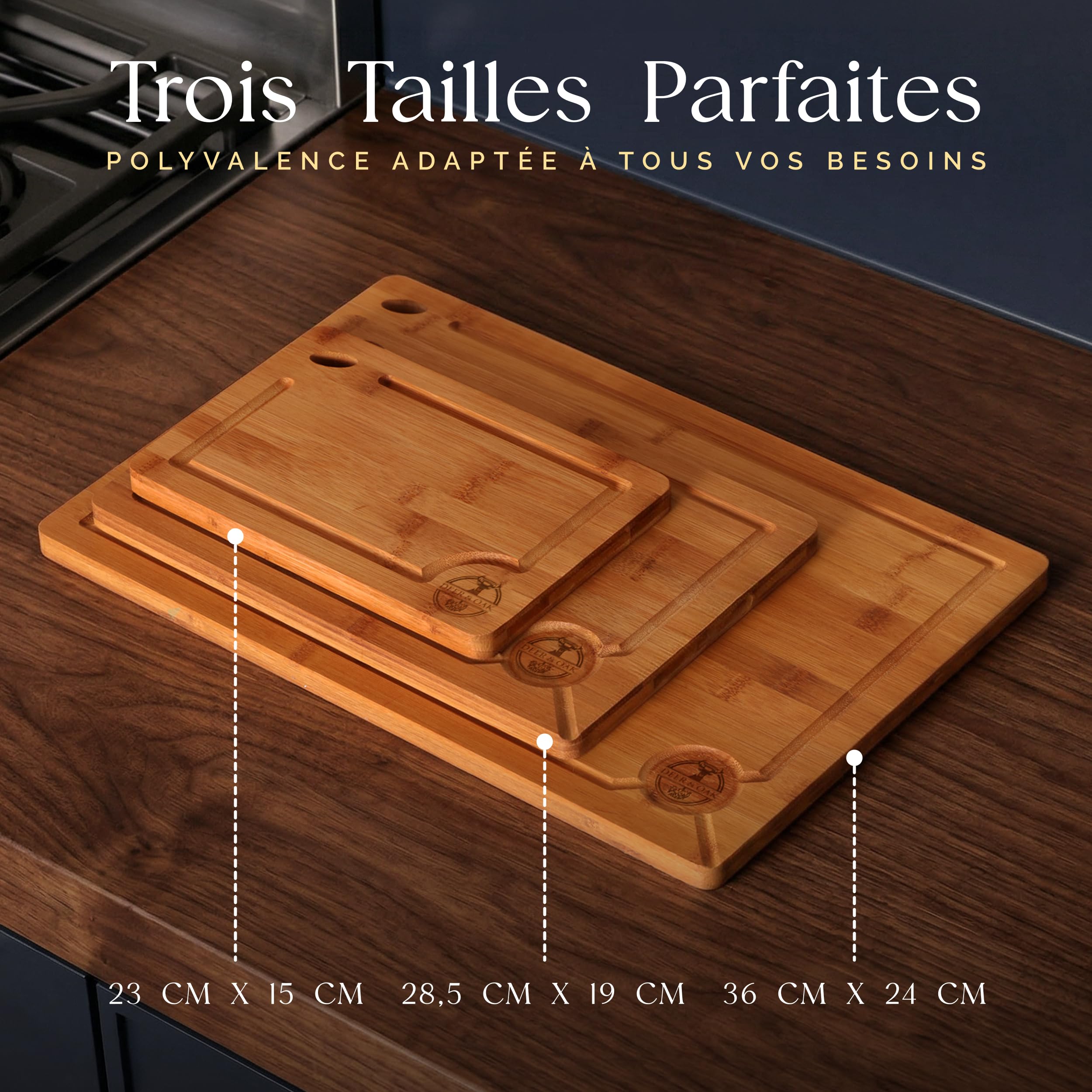Deer & Oak Lot de 3 Planches à Découper Bambou Carbonisé Pré-huilées | Trou de suspension · Technologie 260 °C · Aussi pour le service de charcuterie