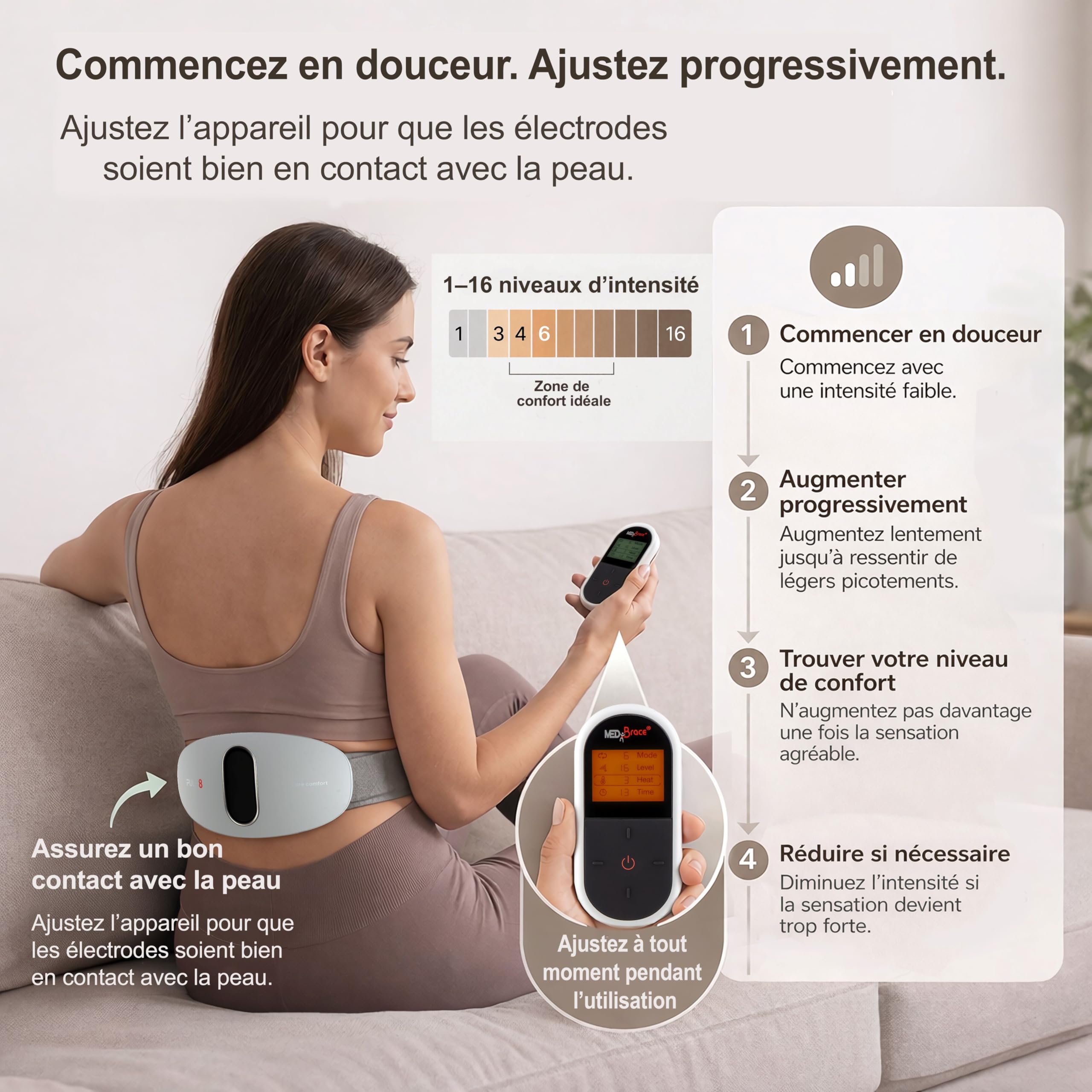 MEDiBrace PULS8 Ceinture chauffante de massage par impulsions pour le bas du dos et l’abdomen, rechargeable USB-C, sans fil, lumière rouge (LED) (PULS8 Complete (inclut l’adaptateur secteur USB))
