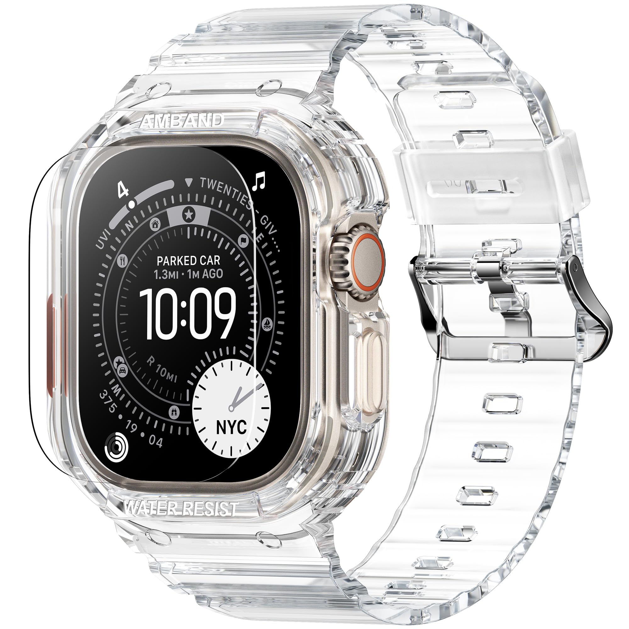 amBand Rugged Band with Case Compatible with Apple Watch Ultra 4/3/2/1 49mm, TPU Strap with Transparent Protective Cover for Men and Women, Screen Protector Kit, Compatible with iWatch Ultra, Clear