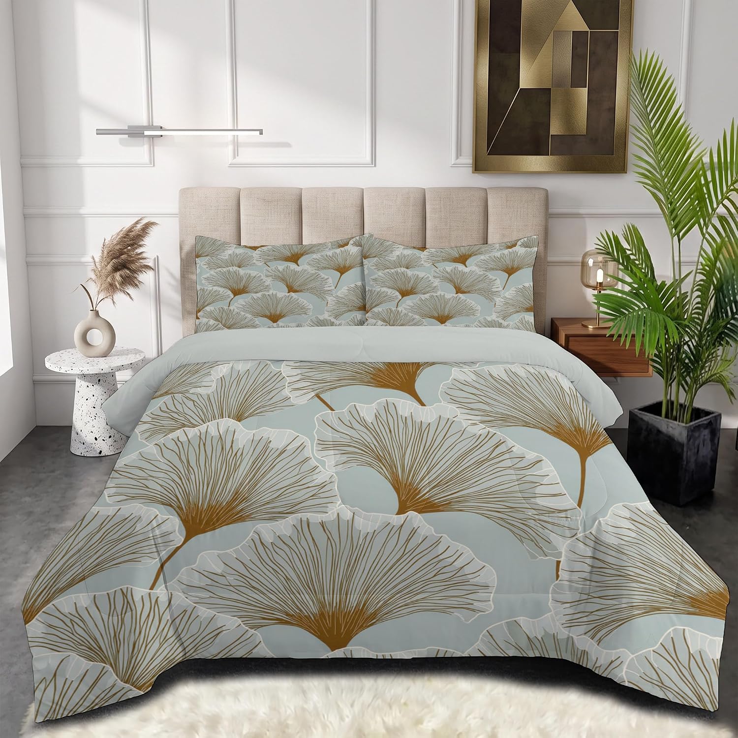 Elegant and Tranquil Comforter Set King Size, Simple Ginkgo Leaf Print Breathable Bedding Set for Girls Boys Teens, Apricot Quilt Duvet with 2 Pillow Cases
