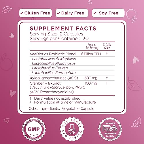 Miniatura 2 de VeeFresh VeeBiotics - Probióticos de arándano para mujeres, 60 cápsulas de probióticos para mujer con prebióticos y extracto de arándano para