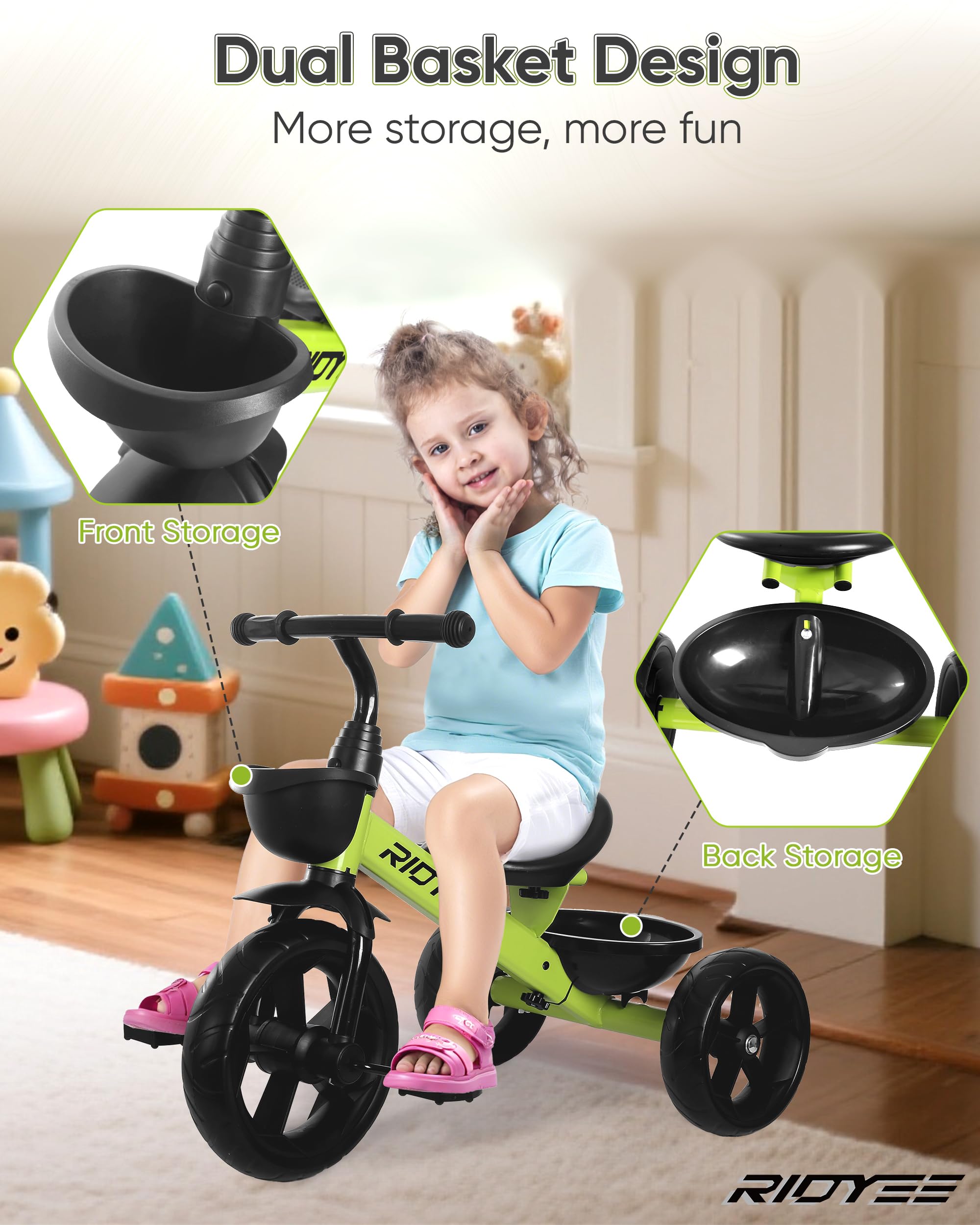 Triciclo para niños de 1.5 a 5 años, triciclo para edades de 2 a 4 años, distancia entre ejes trasera extra ancha para estabilidad, triciclos para niños de 1 a 3 años con cestas de 2