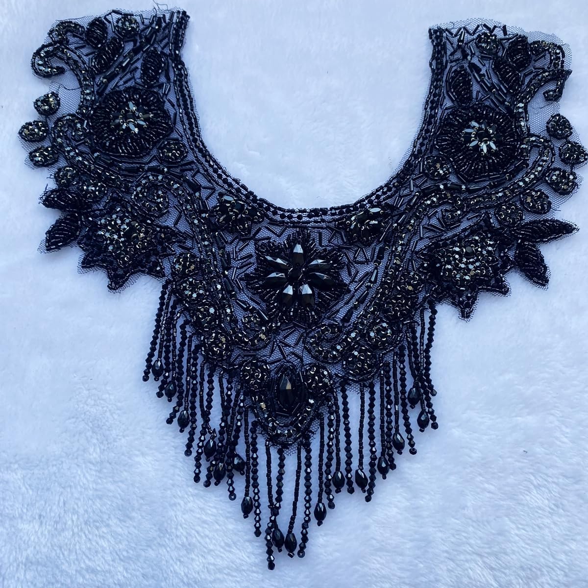 Pure Handmade Sewing Rhinestone Applique Crystal Tassel Chain for DIY Clothing Wedding Dress Patches Decoration 13.7X12.9inches (Black)