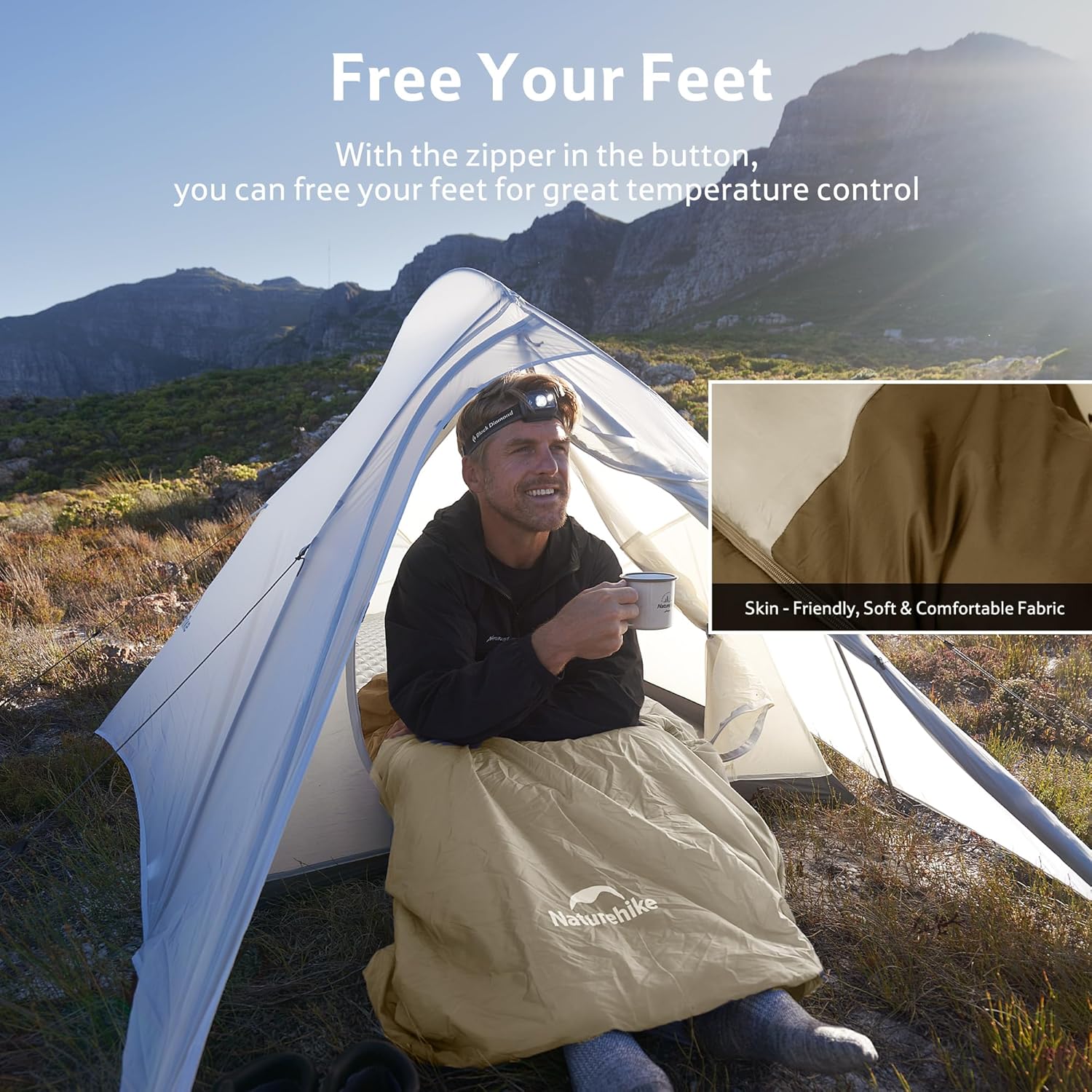 A person using the Naturehike sleeping bag inside a tent, with the foot zipper open for ventilation.