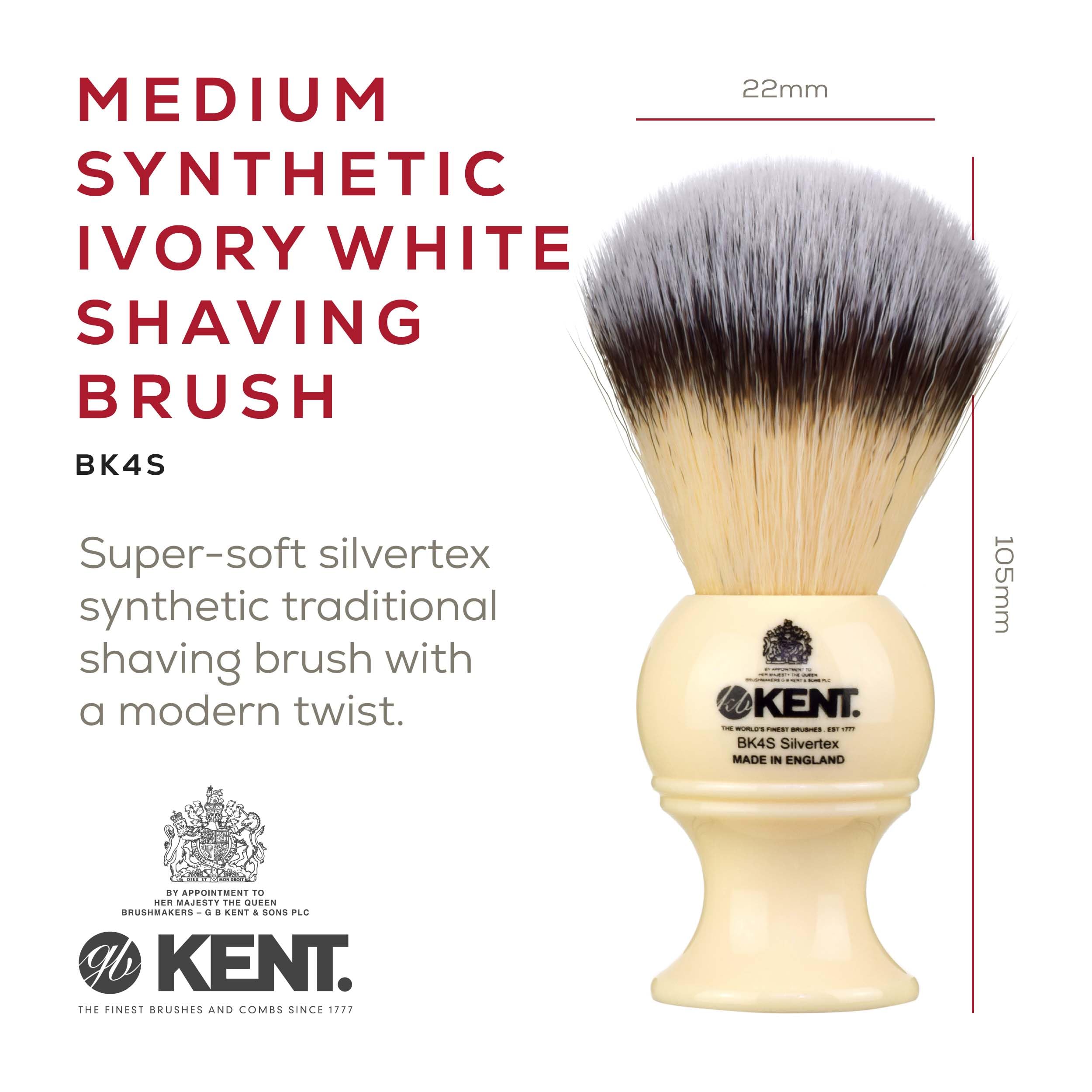 Kent BK4S - Pennello da barba con setole sintetiche ultra morbide e manico in resina di avorio sintetico, da usare con crema da barba o sapone per una schiuma perfetta. Rasatura di lusso dal 1777