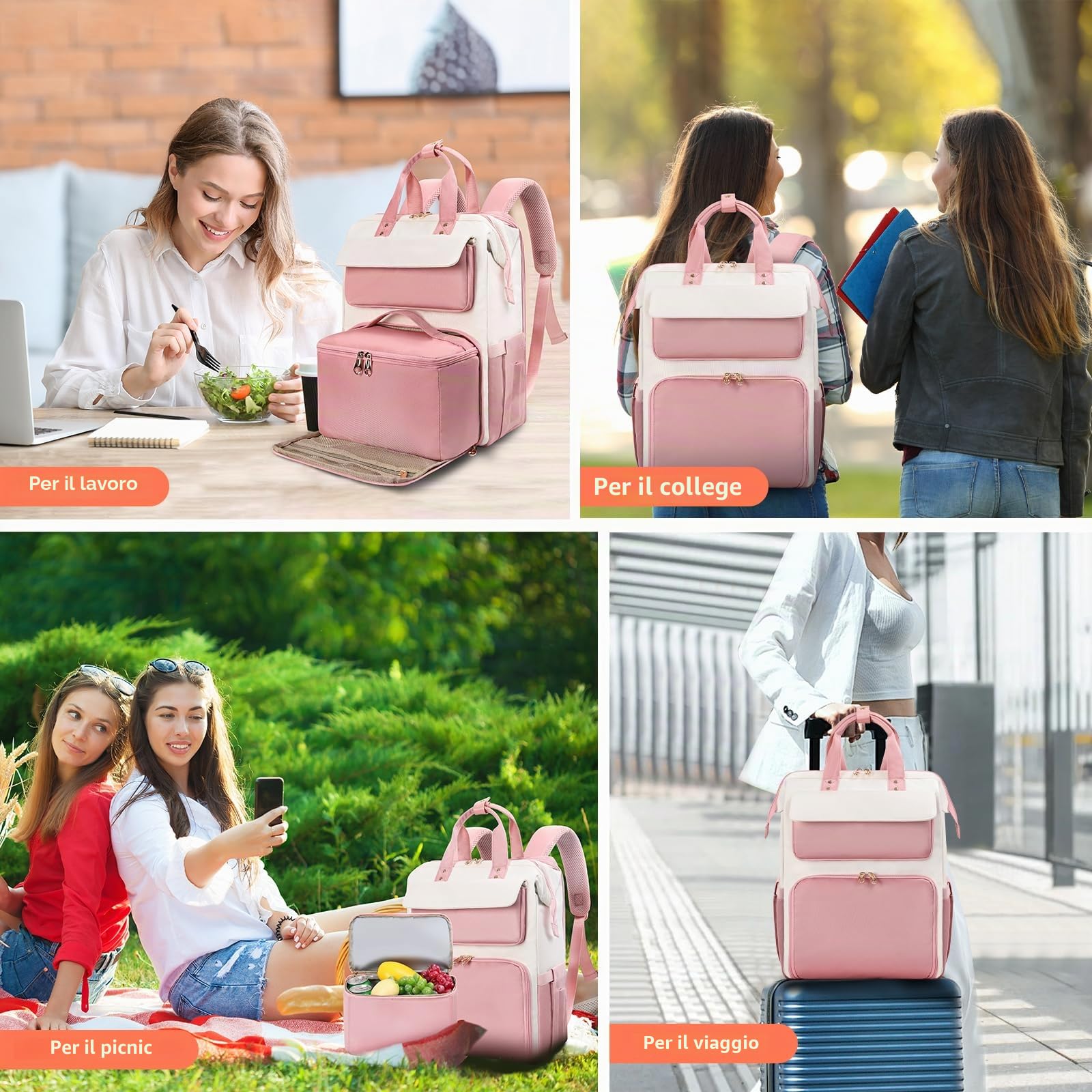 BERTASCHE Zaino per il pranzo, per laptop da donna da 15,6 pollici, con borsa termica isolata, zaino da lavoro 2 in 1, per donne, lavoro, lavoro, viaggi, insegnanti, scuola, università, Rosa/Beige