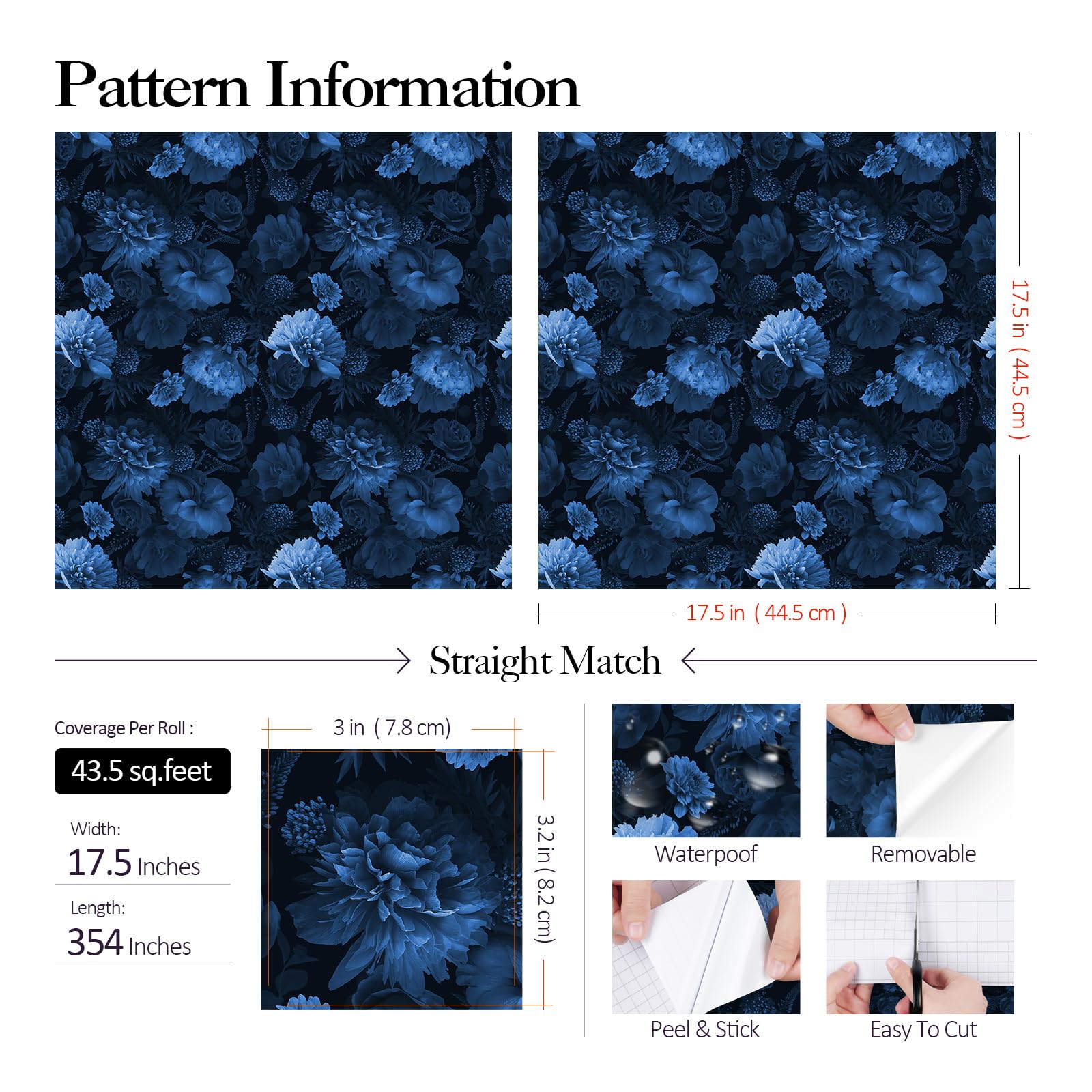 FunStick 44.5CM×9M Papel Pintado Autoadhesivo Azul Oscuro Papel Autoadhesivo Pared Flores Fotomural Vinilo Adhesivo Pared 3D Azul Marino Rosas Papel Decorativo Adhesivo para Muebles Dormitorio Armario