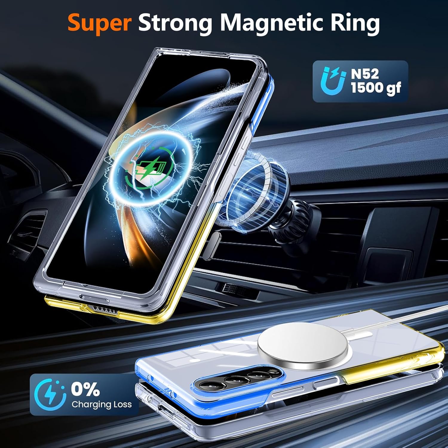 for Galaxy Z Fold4 Case Clear，[Strong Magnetic] Wireless Charging，[Gradient][Not Yellowing]，Shockproof Protective Scratch Resistant Hard PC+TPU,Blue/Gold MUS-CXSX-01-05