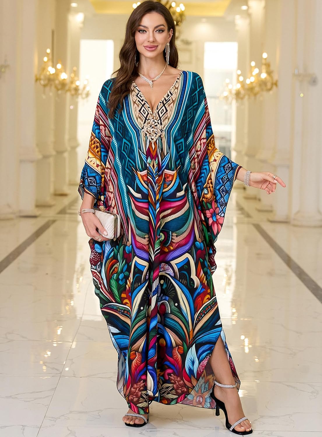 Women Kaftan Dresses Plus Size V-Neck Batwing Sleeves Beach Cover Up 2025 Summer Floral Print Caftan Dress - Image 2