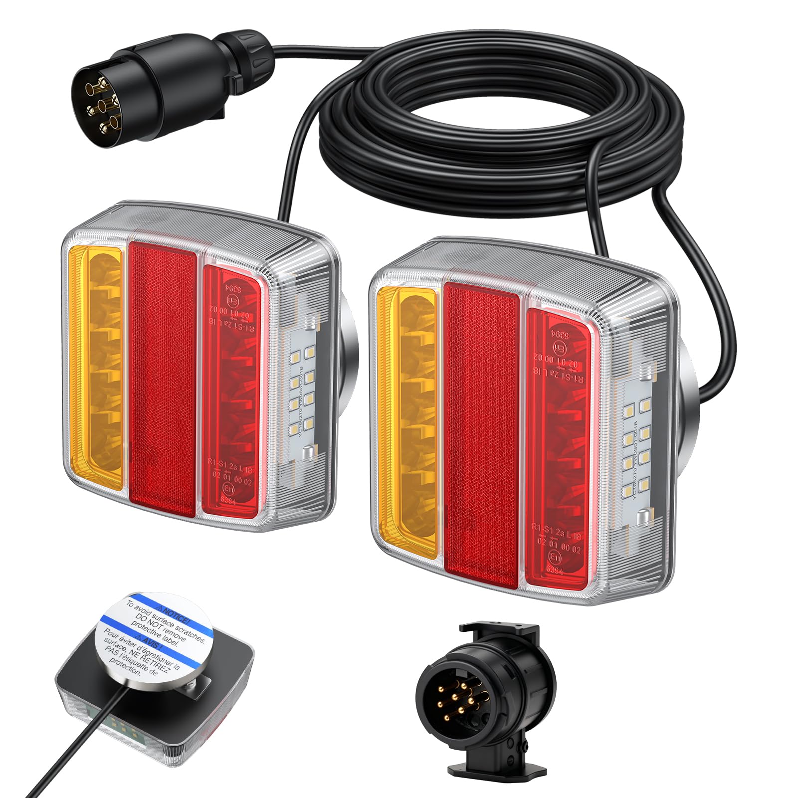 AUTOUTLET Feux Arrière Remorque Feux de Remorque Connecteur 13 à 7 Broches Installation Magnétique Câble de 7,5m 7 Broches 18 LEDs Super Claires avec E Mark E11 pour La Circulation Routière