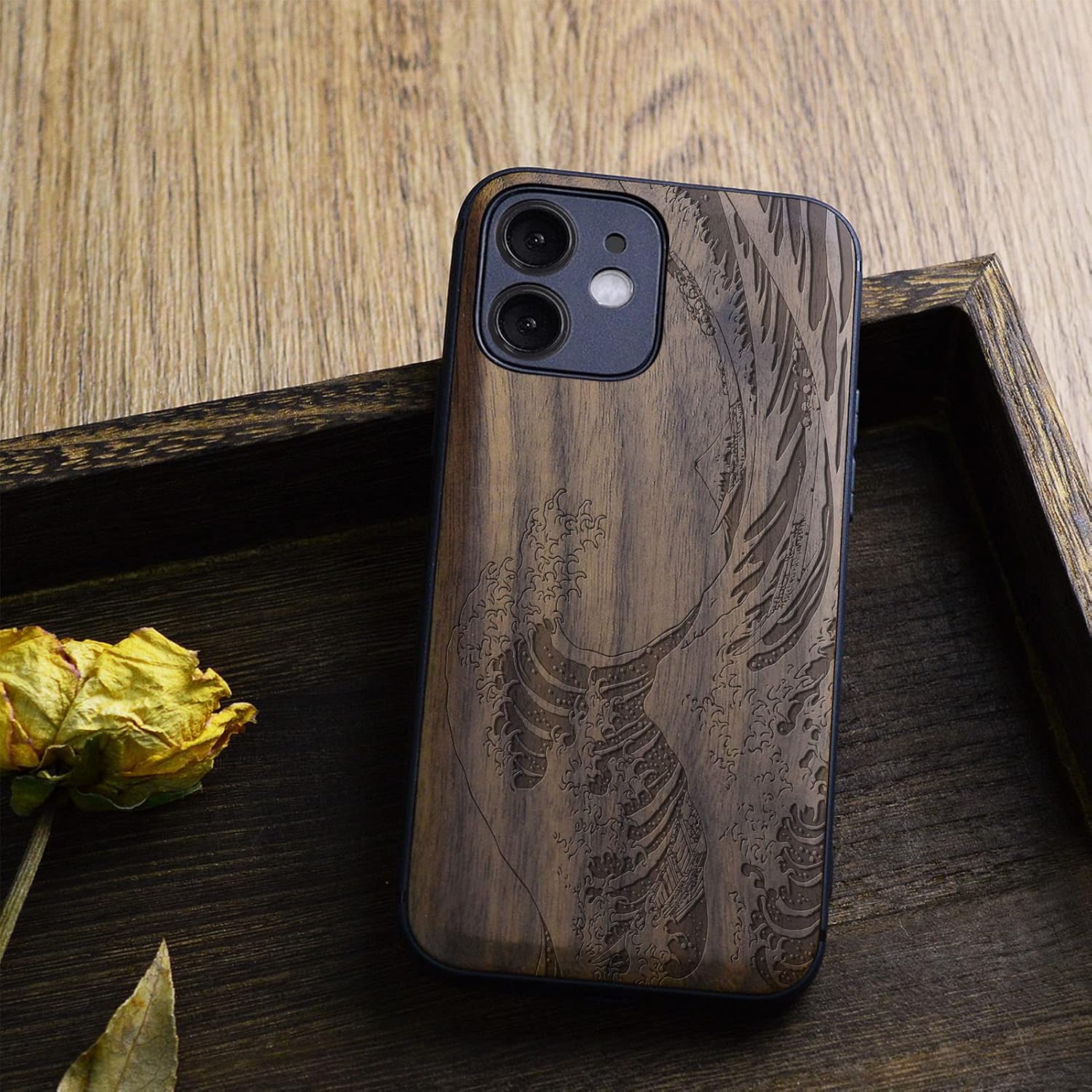 Carveit Magnetic Wood Case for iPhone 12 Mini Case [Natural Wood & Soft TPU] Shockproof Protective Unique & Classy Wooden Cover Compatible with MagSafe (The Great Wave Off Kanagawa-Walnut)