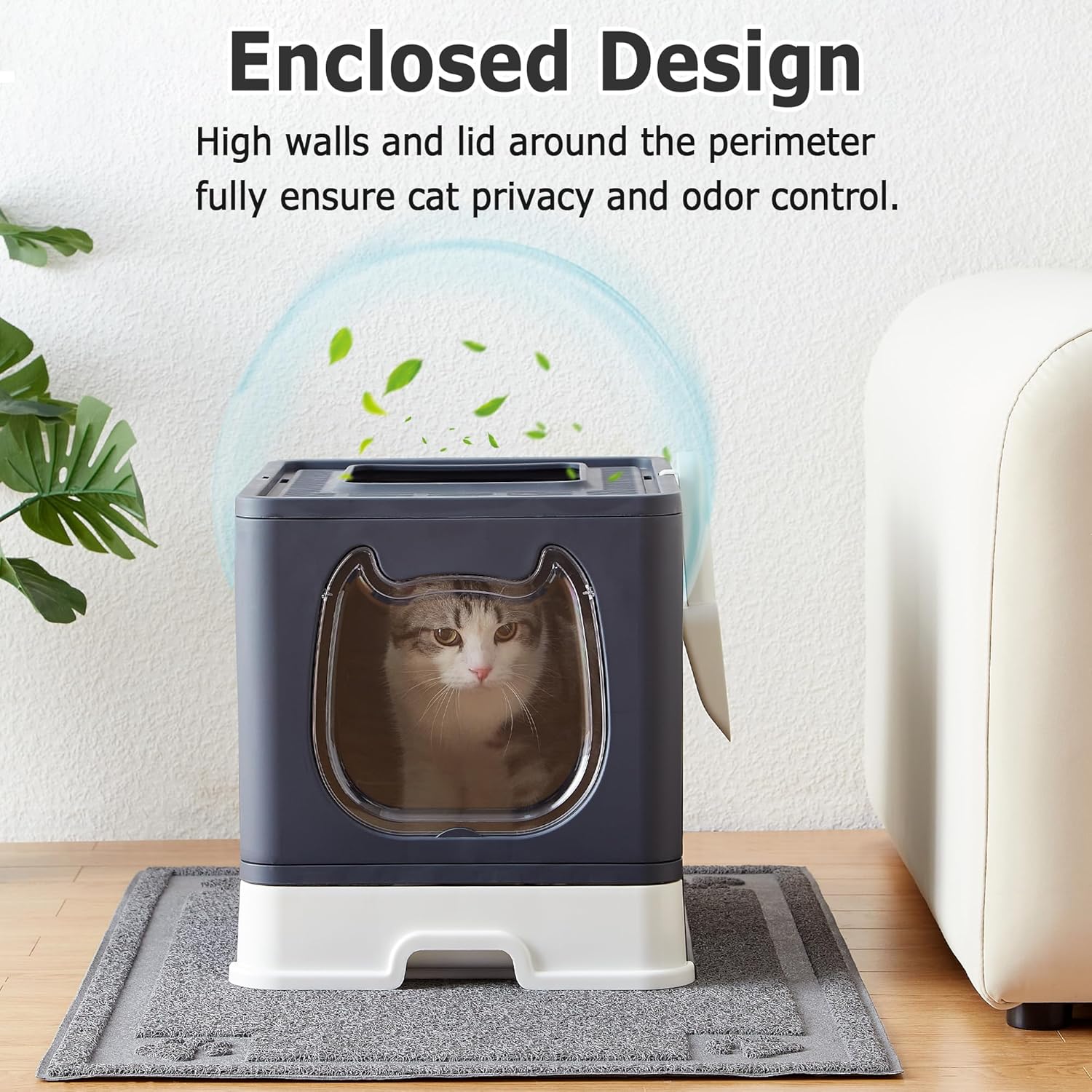 Gefryco Cat Litter Box with Lid, Top Entry Kitten Litter Box with Controlled Access, Covered Enclosed Cat Potty Odor Control for Small to Medium Cats, Scoop and Clean Brush Included (Black)