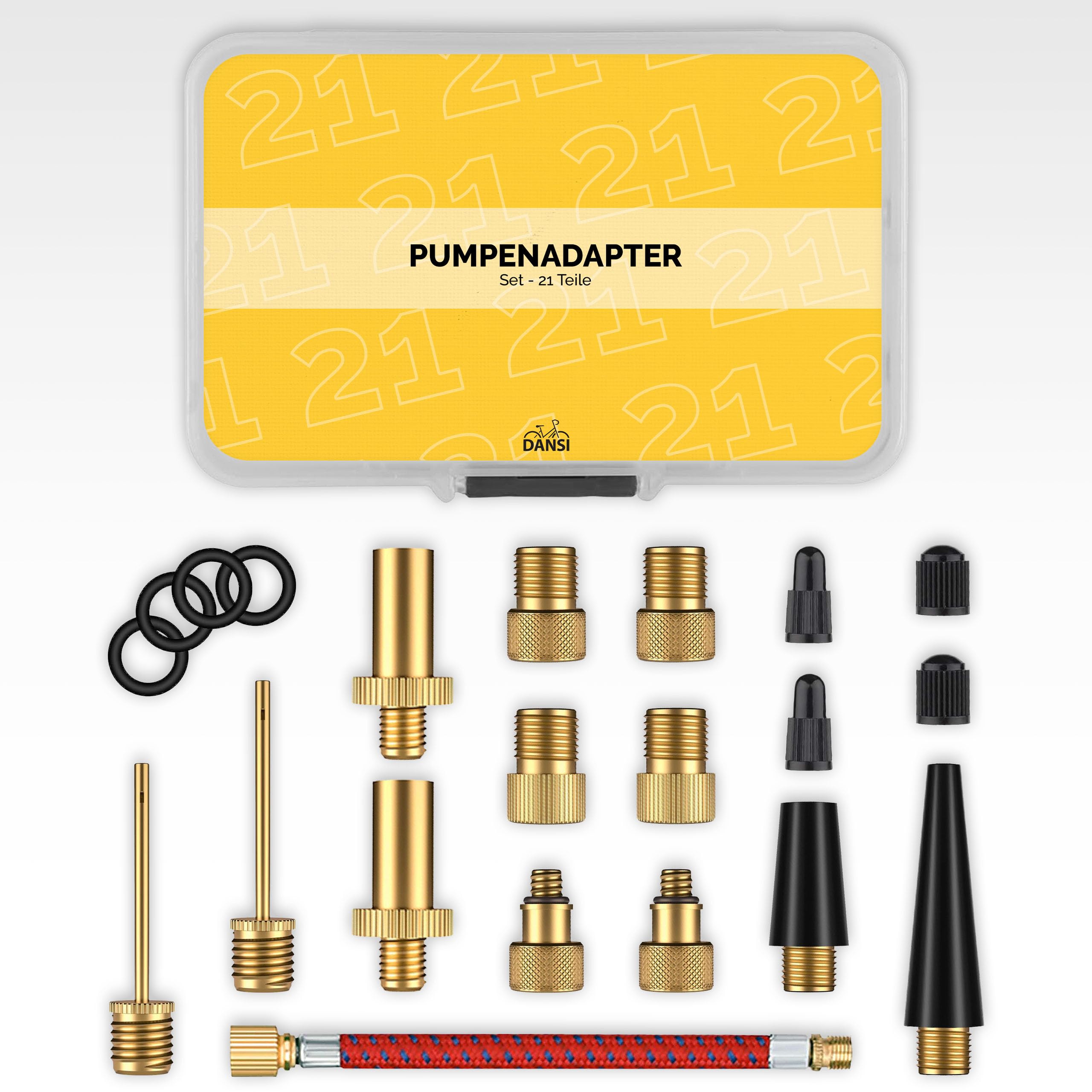 DANSI Set di 21 adattatori per valvola della bicicletta, con guarnizione e tappi per palloni da bicicletta, adattatore universale per valvole per pompe e compressori, soluzione all-in-one per