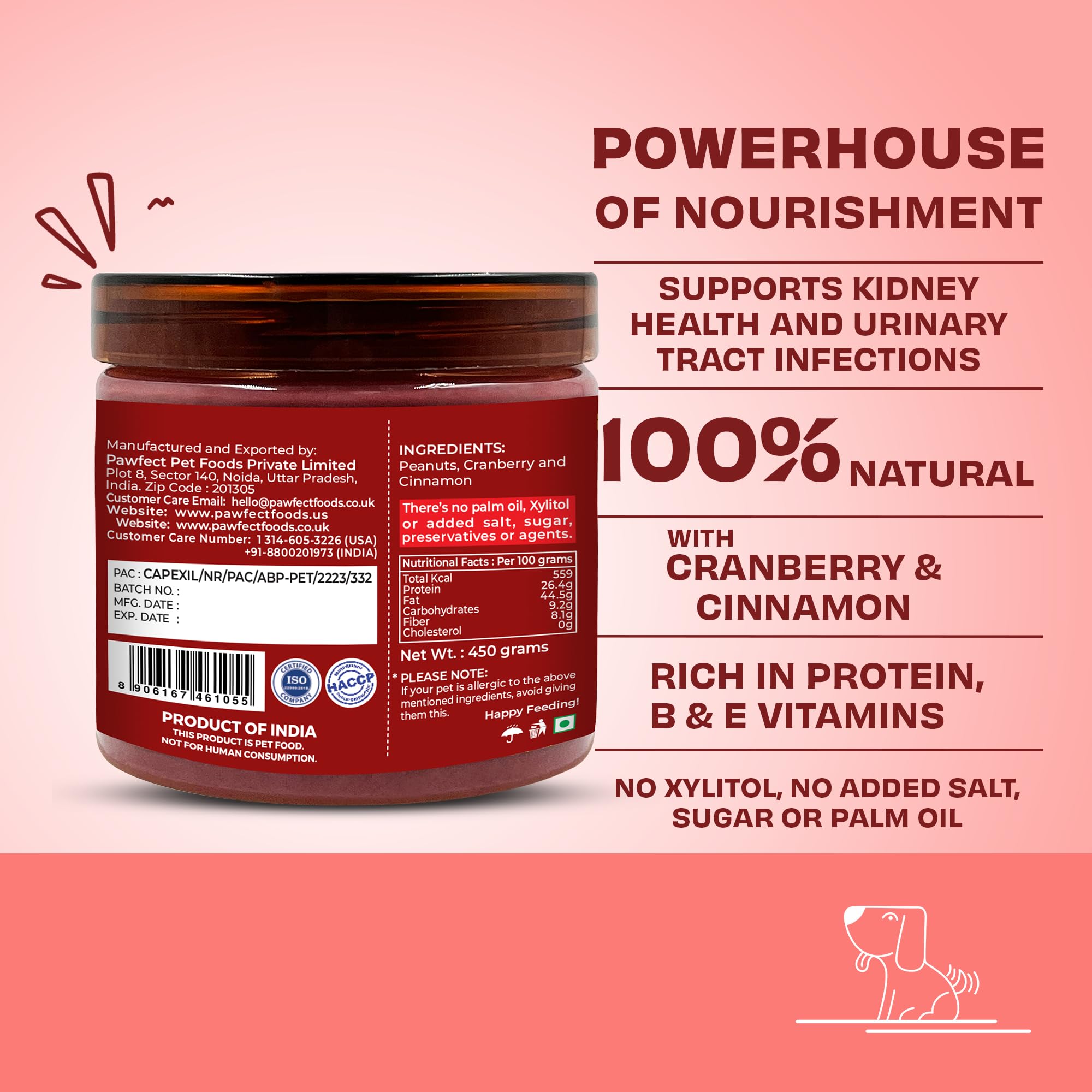 Pawfect Peanut Butter with Cranberry & Cinnamon for Dogs & Puppies, 100% Natural Lickable Treat, No Added Sugar, Salt - Image 2