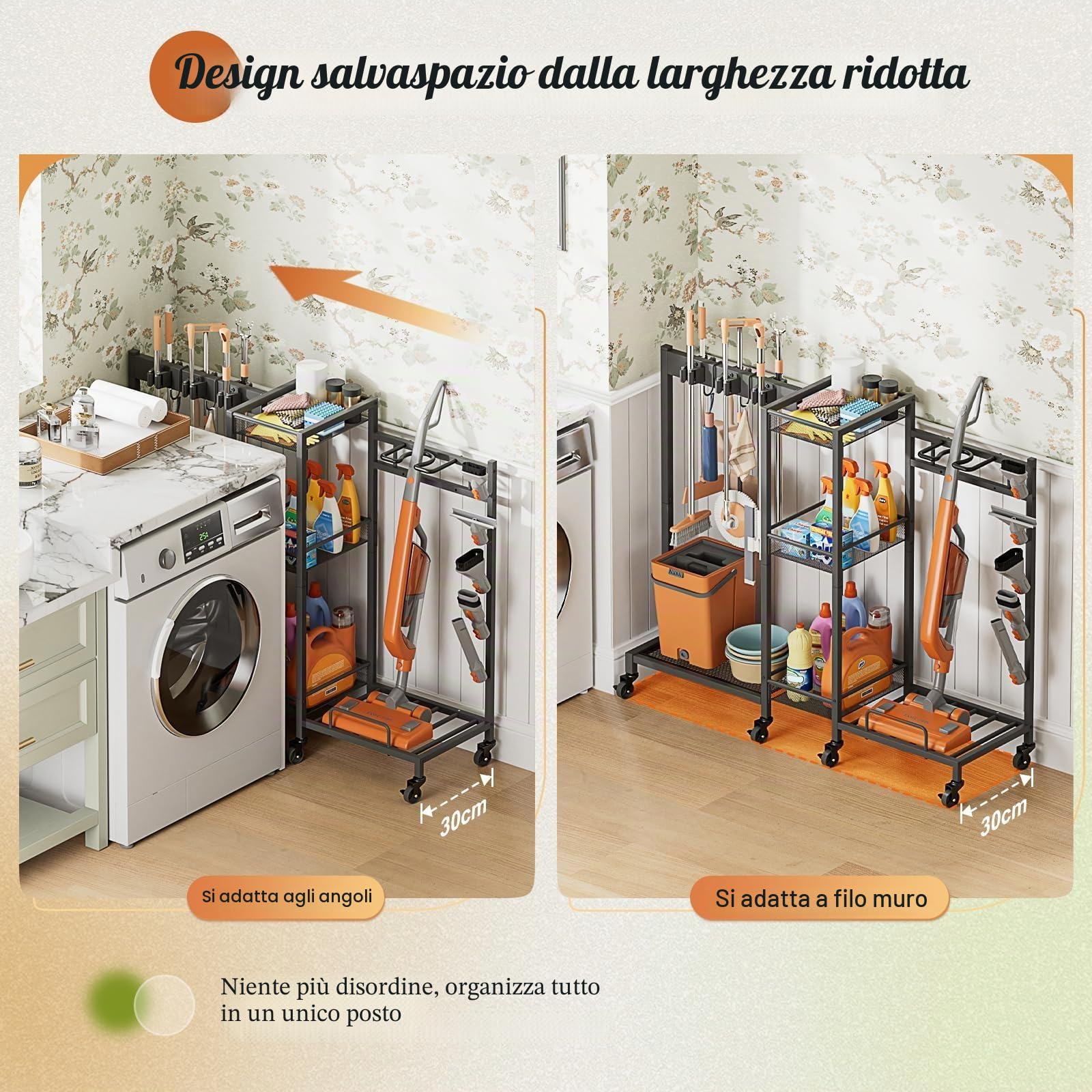 Bikoney Portascope e Organizer Prodotti Pulizia, Carrello Pulizie con Ruote e Armadietto, Mobile Porta Scope e Mocio con Supporto Aspirapolvere, Carrello Multiuso per Casa e Lavanderia