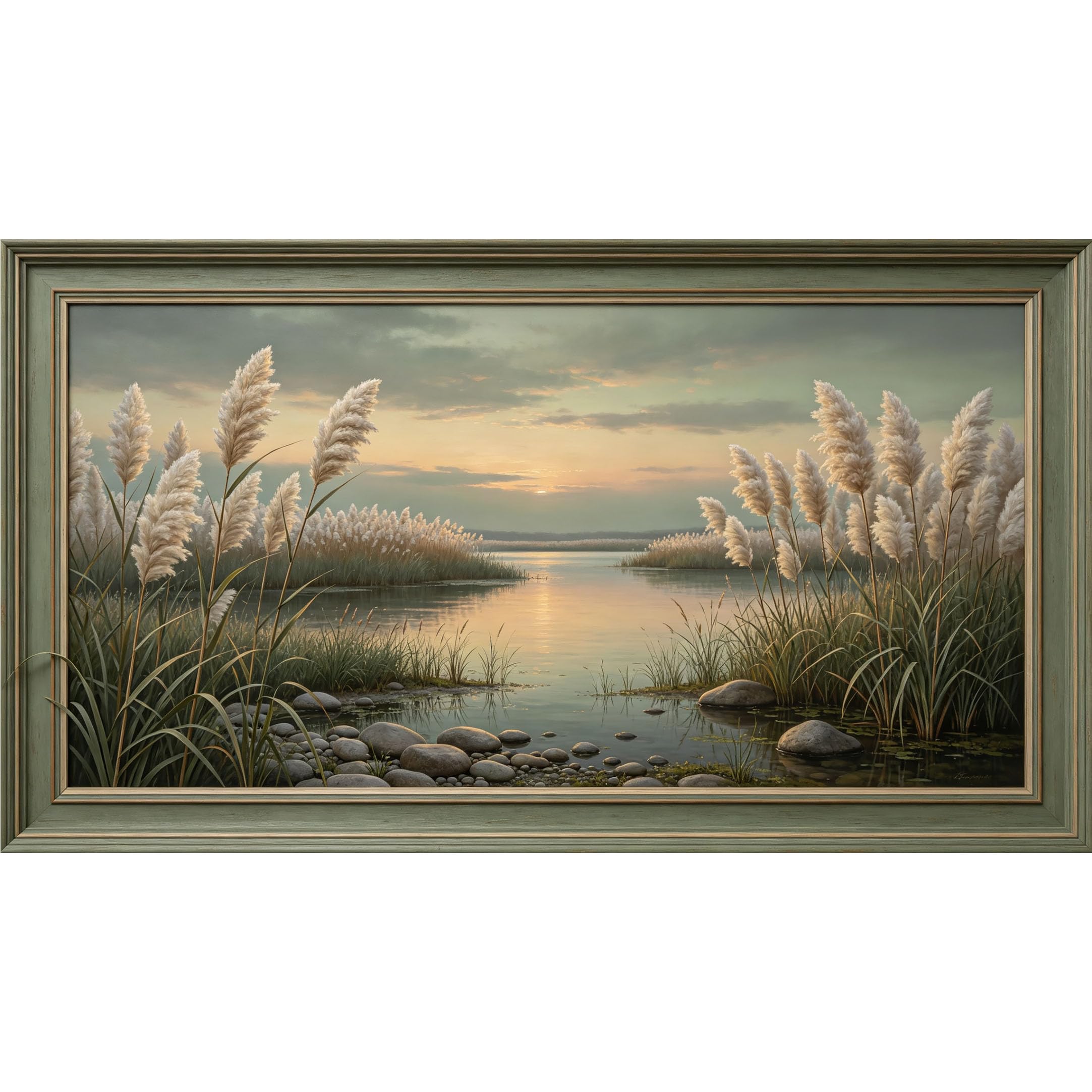 QZLITHOTIC 50x90cm3D Framed Wall Art， Sunset Lake Landscape Botanical Self‑Adhesive Mural， Water‑Activated Peel & Stick Fabric Decor Wall Decal for Bedroom Living Room