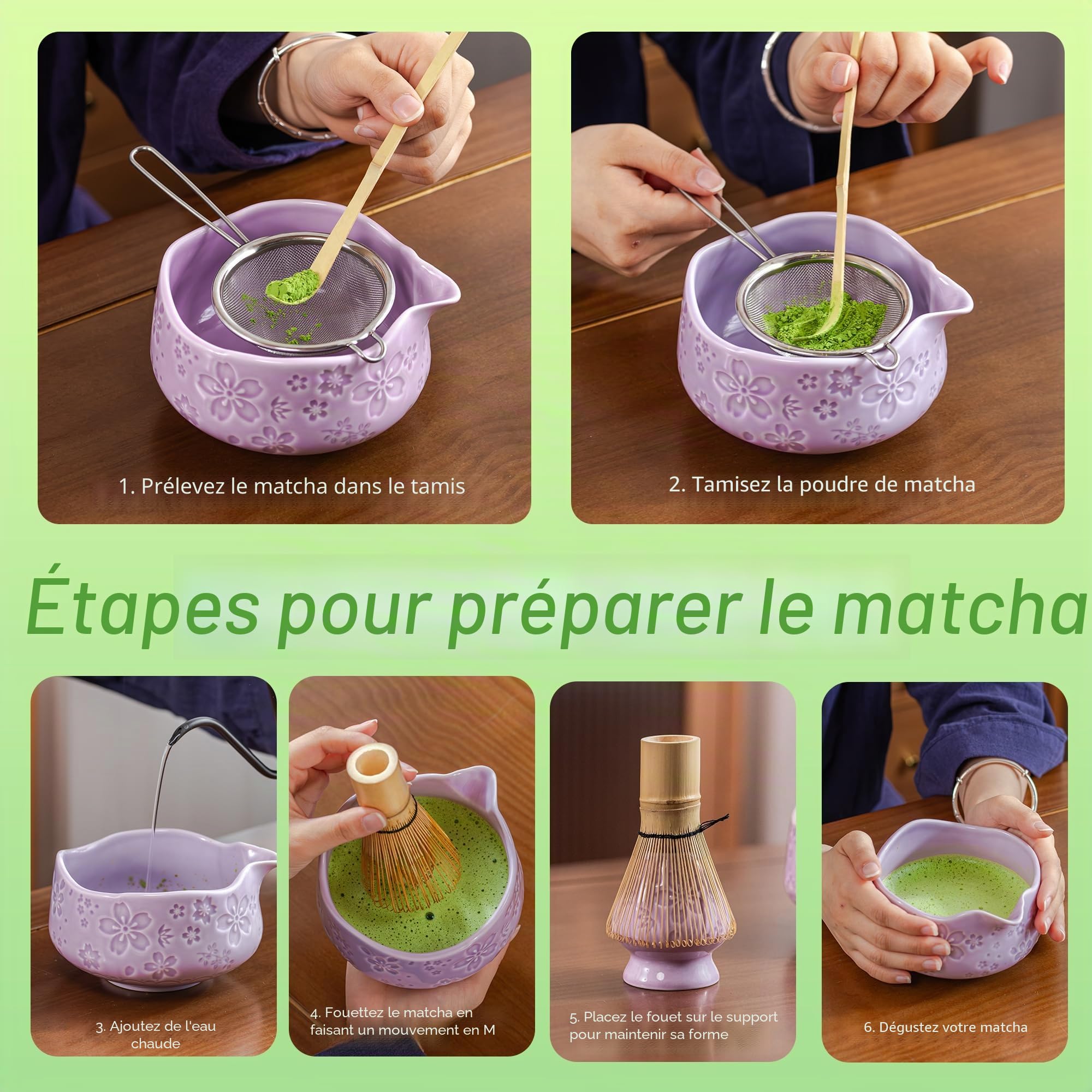 TEANAGOO Lot de 7 fouets à matcha violets avec motif fleurs de cerisier, kit complet de cérémonie, bol Chawan en céramique avec bec, fouet et accessoires, service à thé matcha traditionnel pour lattes