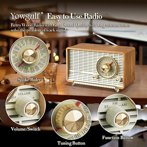 Miniatura 3 de YOWGUIF - Radio AM FM clásica retro de madera para mesa, altavoces Bluetooth, radios enchufables de pared con perilla giratoria, ideal para el hogar