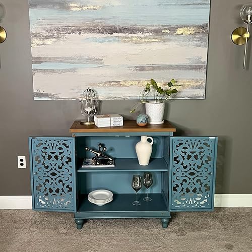 Miniatura 4 de PHI VILLA Credenza - Gabinete de buffet tallado hueco de 2 puertas armario de granja hecho a mano para sala de estar cocina entrada armario de