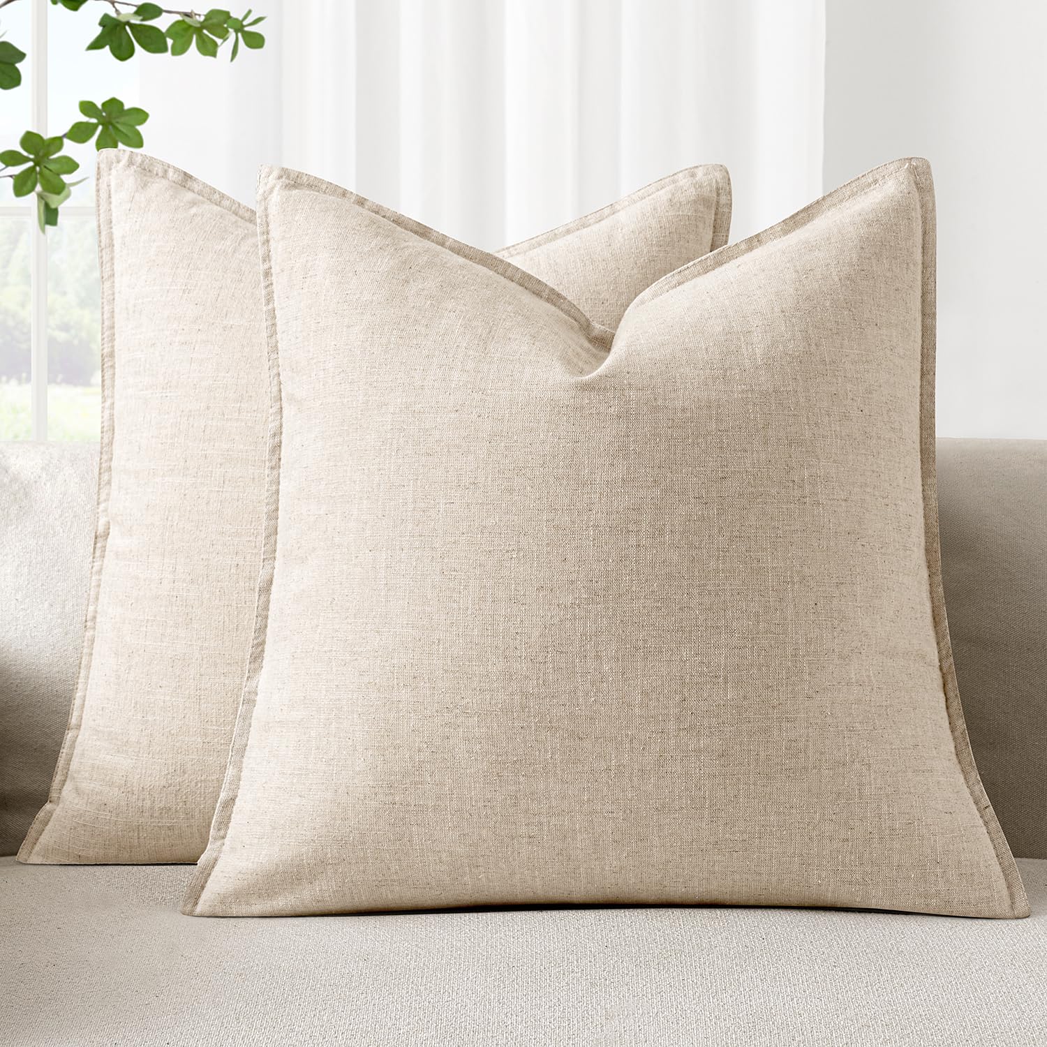 Woaboy 26x26 Inch Set of 2 Decorative Linen Solid Throw Pillow Covers Boho Accent Farmhouse Couch Pillowcases Modern Netural Euro Home Decor for Couch Sofa Living Room Bed,Beige