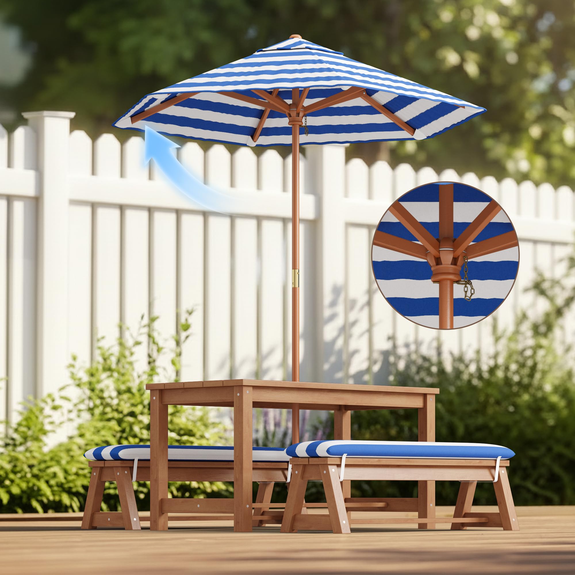 Set da giardino per bambini con parasole, set da esterno con cuscini, tavolo per bambini,tavolo da gioco per cortile,giardino, portico,patio,Blu
