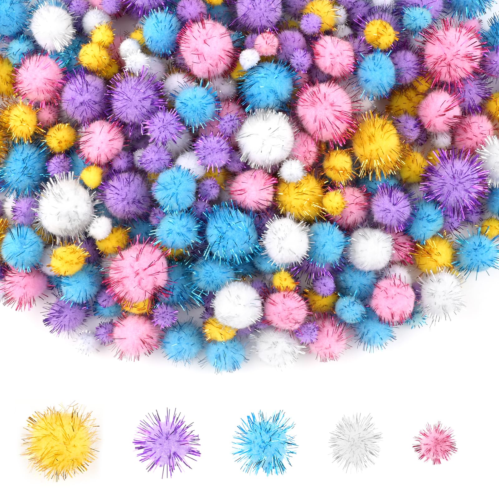 NACHLYNN 1000 Glitter Pom Poms Bulk 4 Sizes Assorted Soft Fluffy Pom Poms for Crafts DlY Decorations Activities with A Storage Bag (Light Colors)