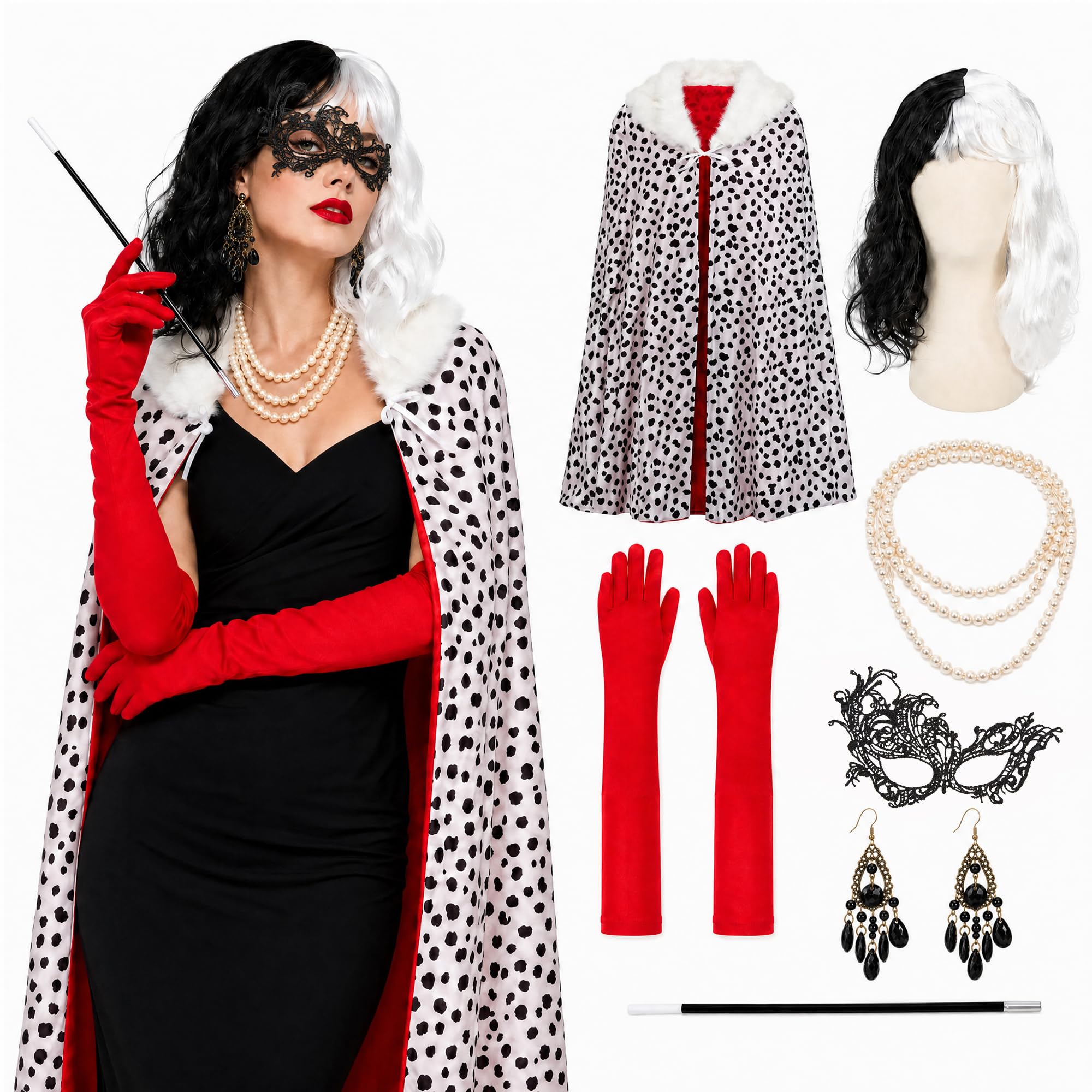 Koorium Black White Glam Costume Set for Women with Wig, Cape & Accessories
